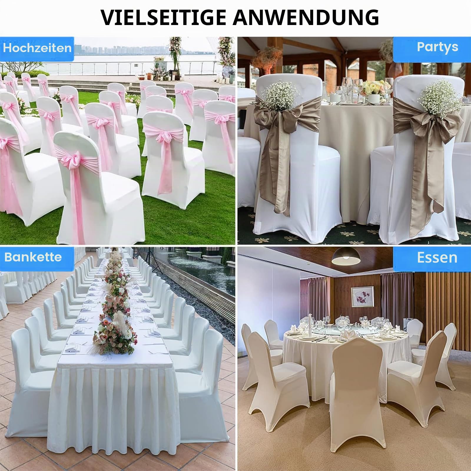 Stuhlhussen 100 Stück, Universell Stuhlhussen Weiß Polyester, Elegante Stuhl Stuhlbezüge Elasthan Spandex Waschbarer für Taufe Geburtstag Hochzeit Bankett Dekoration (100)