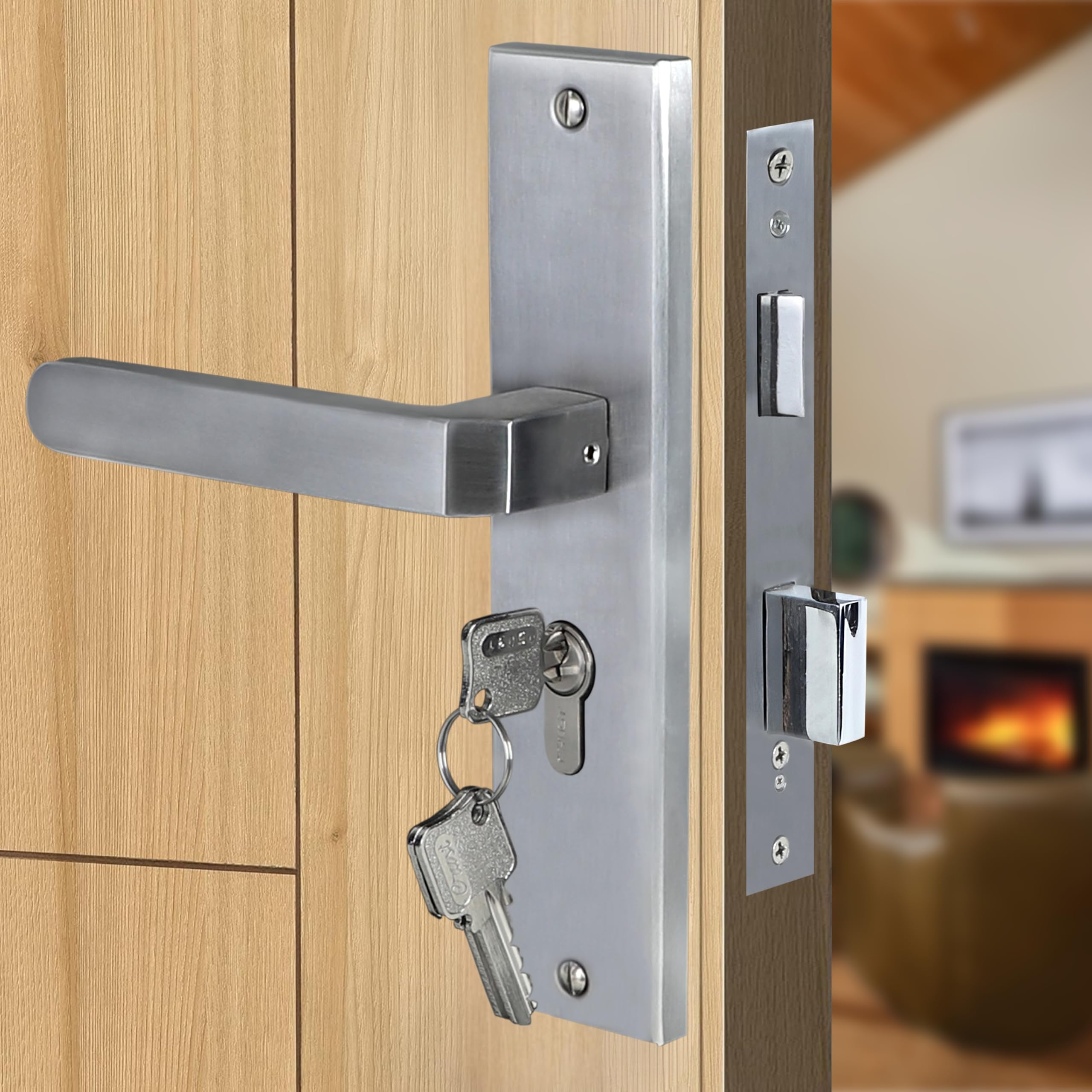 Blue Space Premium 8" Cylindrical Mortise Door Lock Handle Set with Brass Lock Body and One Side Key 60mm Cylinder Set with 3 Computer Keys (LB10001, Matt Satin) — Amazon image 14