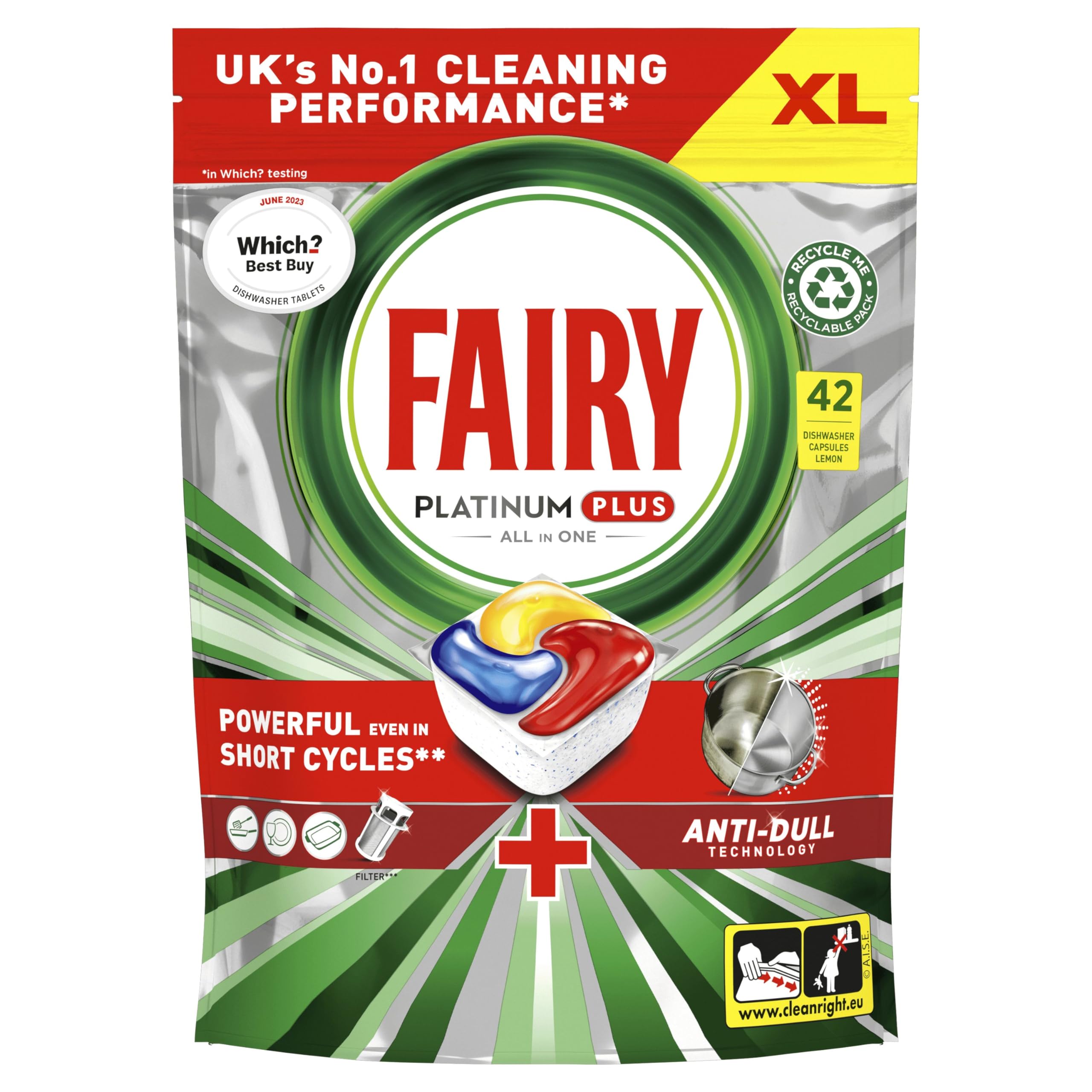 FairyPlatinum Plus All-In-1 Dishwasher Tablets Bulk, Fairy Dishwasher Tablets Platinum Plus, 42 Tablets, Lemon, With Anti-Dull Technology & Rinse Aid Action