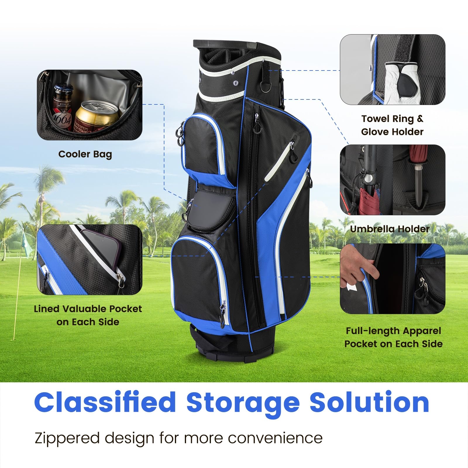 LIFEZEAL Sacca Golf, Travel Bag, Custodia a 14 Scomparti, Borsa Golf a Spalla, Leggera, Impermeabile, Portatile, con Cinghia, Portabicchierie, 9 Sacchi, Borsa Termica, Portaombrello