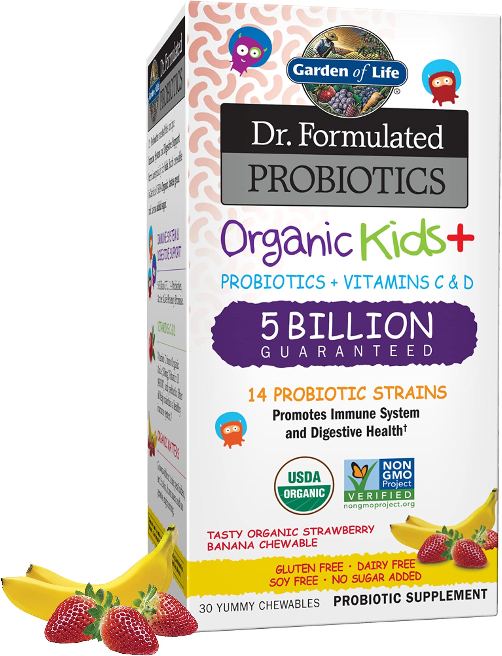Dr. Formulated Probiotics Organic Kids+ - Digestive Health Support with Prebiotic Fiber & Vitamins C & D - Supports Immune Function - Strawberry Banana, 30 Yummy Chewables