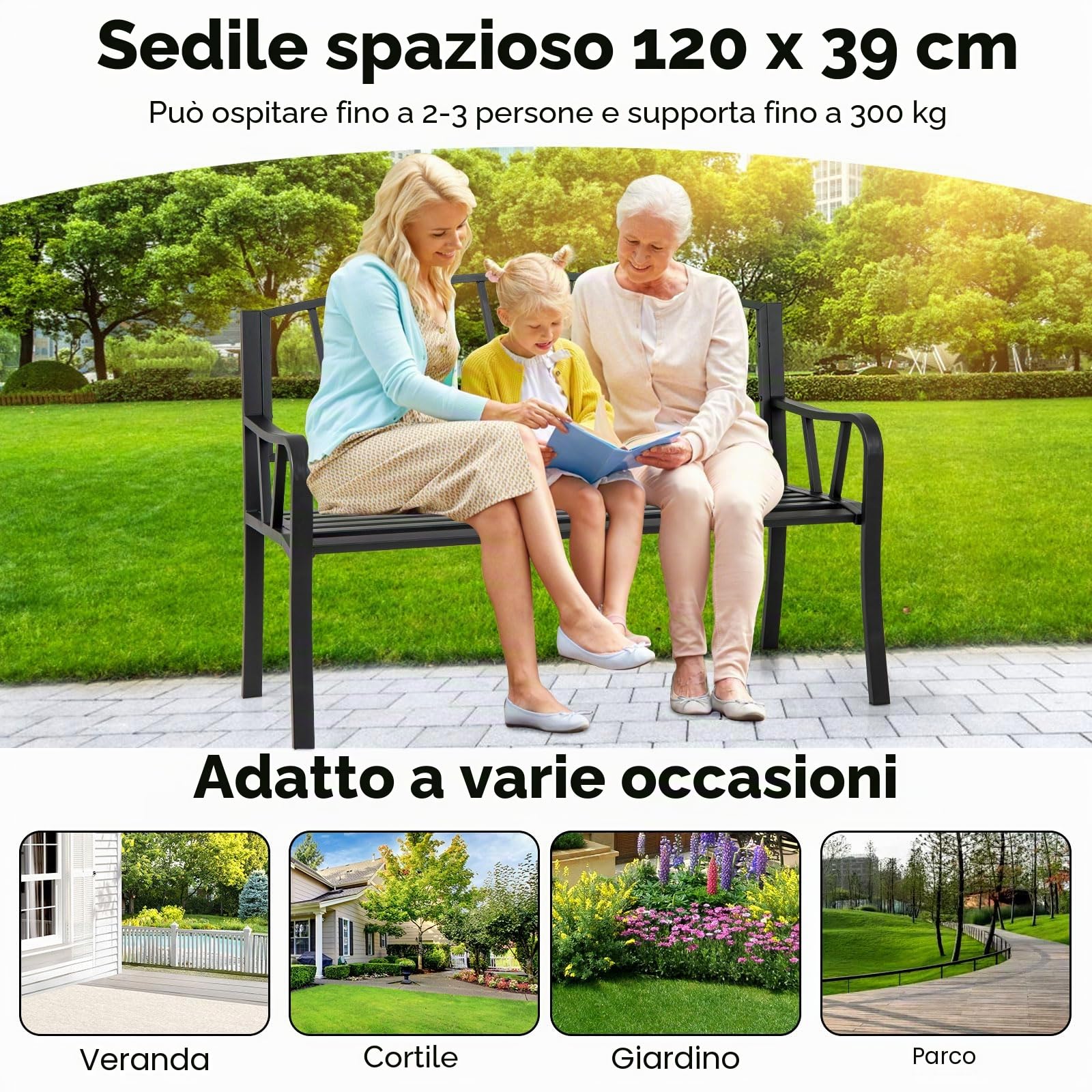 GIANTEX Panca esterna da giardino, seduta a doghe per 2-3 persone, capacità 300 kg, schienale semplice, braccioli curvi, panca da giardino in metallo robusto per terrazza, parco (129 x 53 x 93 cm)