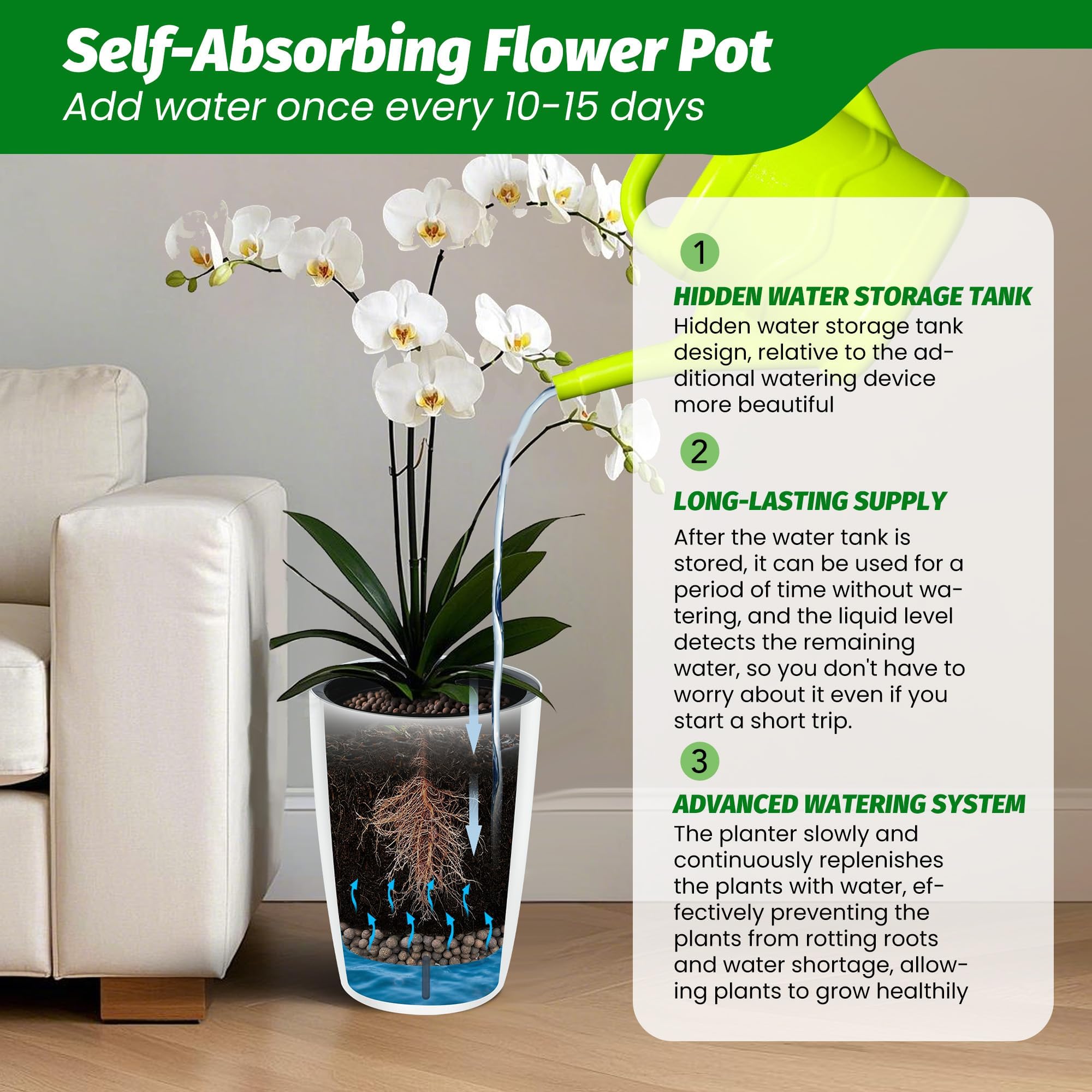 Set di 2 vasi da fiori alti 16"per piante autoirriganti piante da interno, da fiori drenaggio integrato e design visivo del livello dell'acqua patio, veranda, soggiorno o ufficio domestico