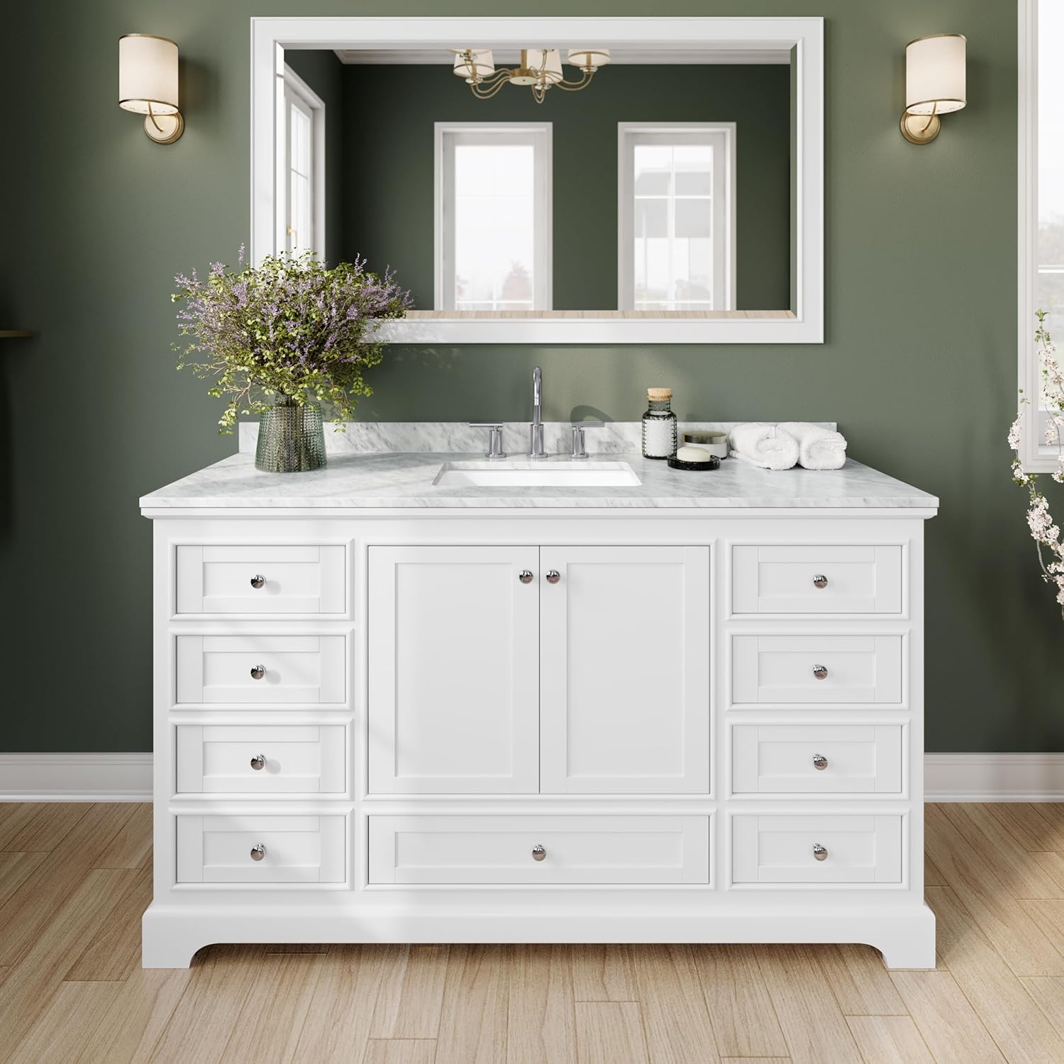 Wyndham Collection Deborah 60 inch Single Bathroom Vanity in White, White Carrara Marble Countertop, Undermount Square Sink, and No Mirror