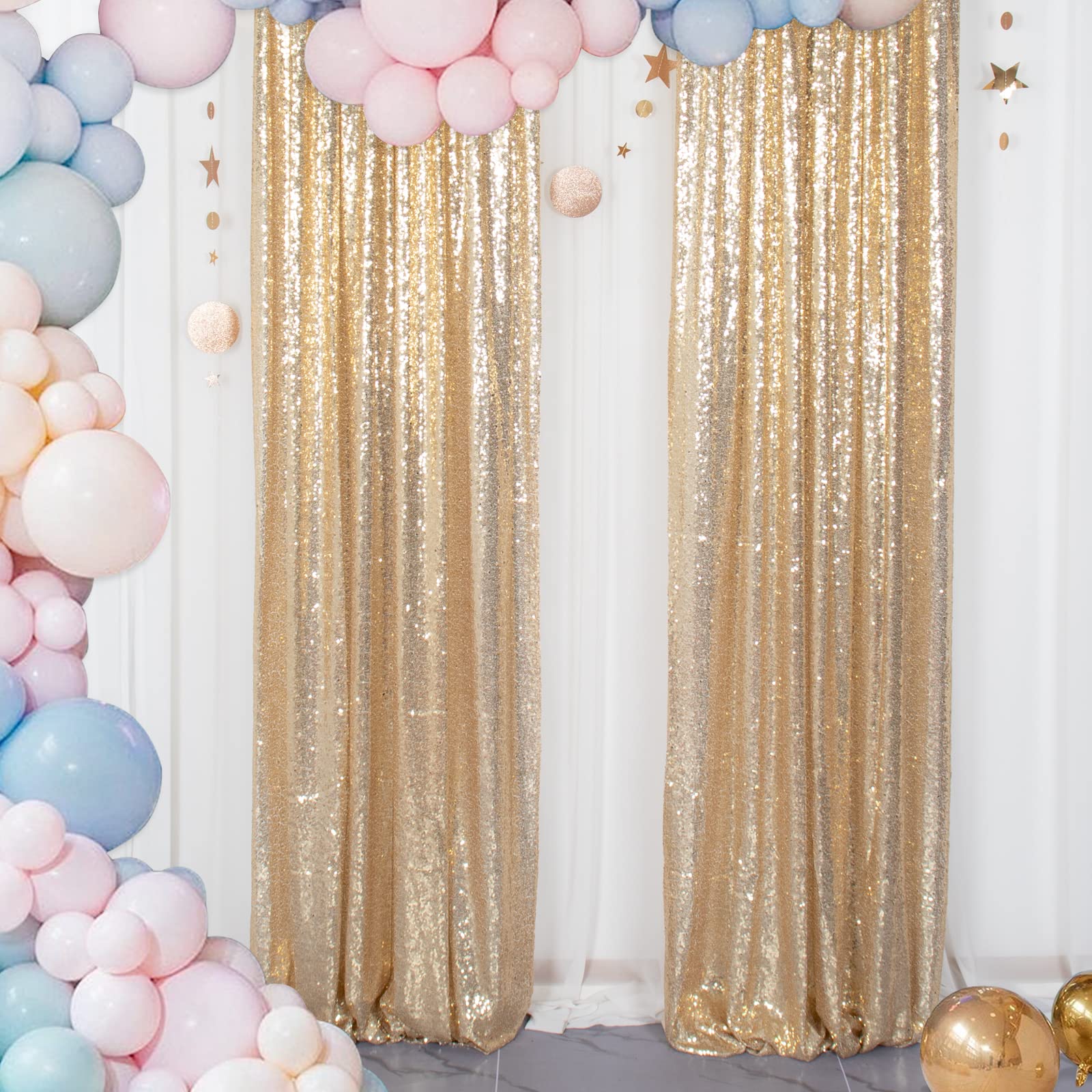ShinyBeauty Gold Sequin Backdrop Panels 2FTx8FT Sparkly Light Gold Drapes Glitter Photo Booth Backdrop Happy Birthday Graduation(2FTx8FT)