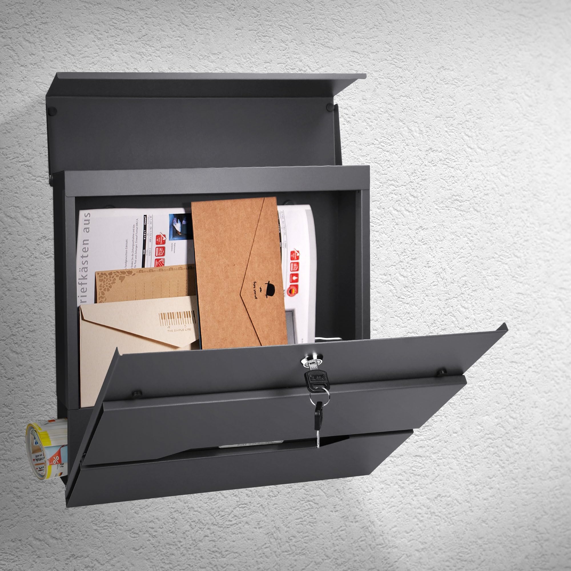 ECD Germany Cassetta Postale da Parete Design Moderno - 37x11x36,5 cm - in Acciaio Inox Verniciato a Polvere - Buca Lettere a Muro con Porta-Giornale 2 Chiavi incl. Materiale di Montaggio Antracite
