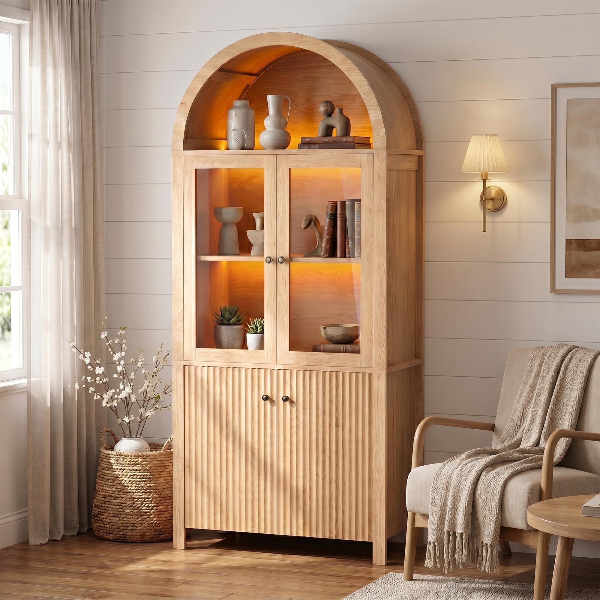 ROCSUMOO 180cm Arched Display Cabinet with 7 Colour LED Light, Tall Cupboards with Glass Doors, Adjustable Shelves and Fluted Panel Storage for Dining Room