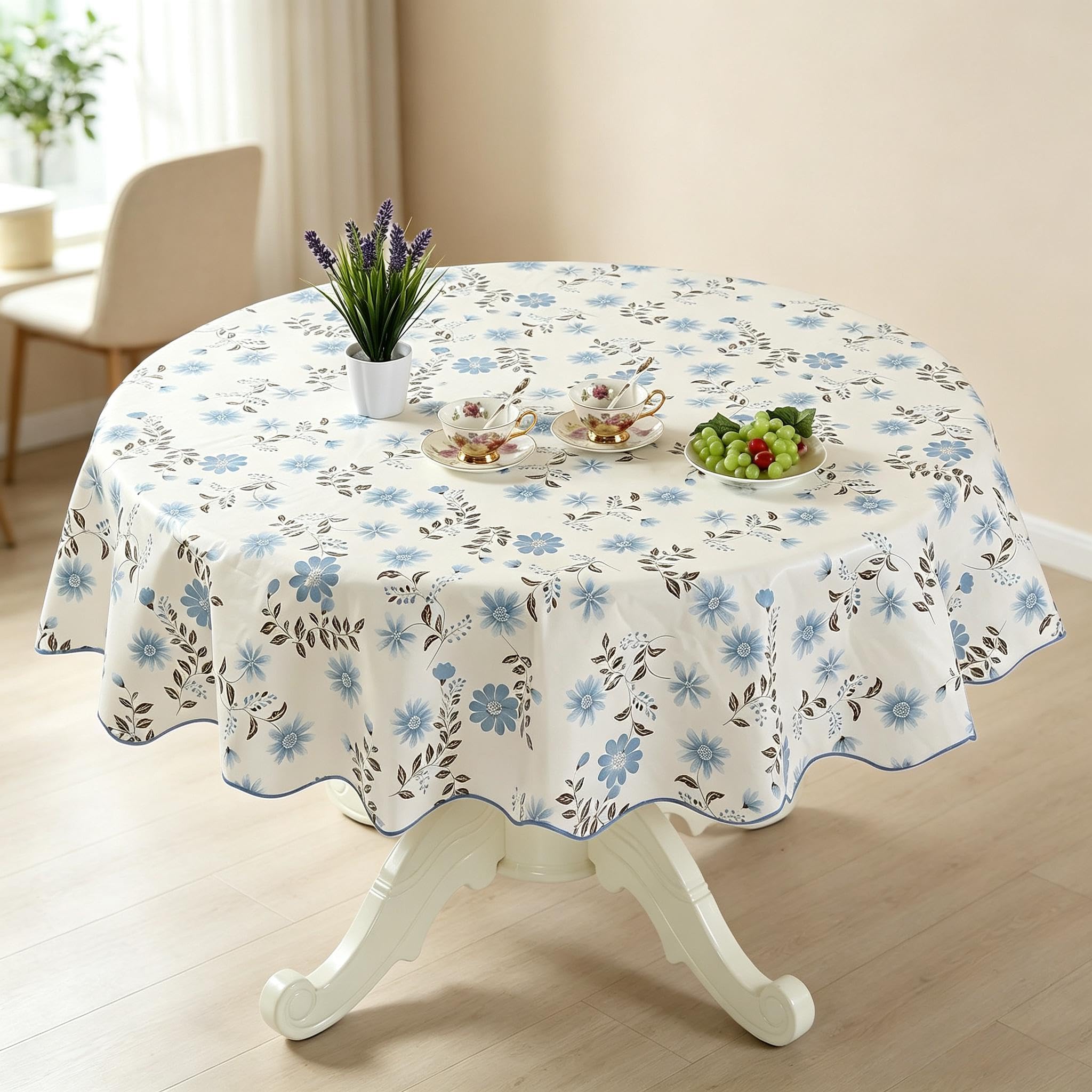 Comforso Floral Round Tablecloth, 135cm Waterproof Wipeable Oil-Proof PVC Table Cover, Flower Tablecloth, Perfect Round Table Cloth for Kitchen Dining Patio Garden Party Outdoor Decor, Easy Care
