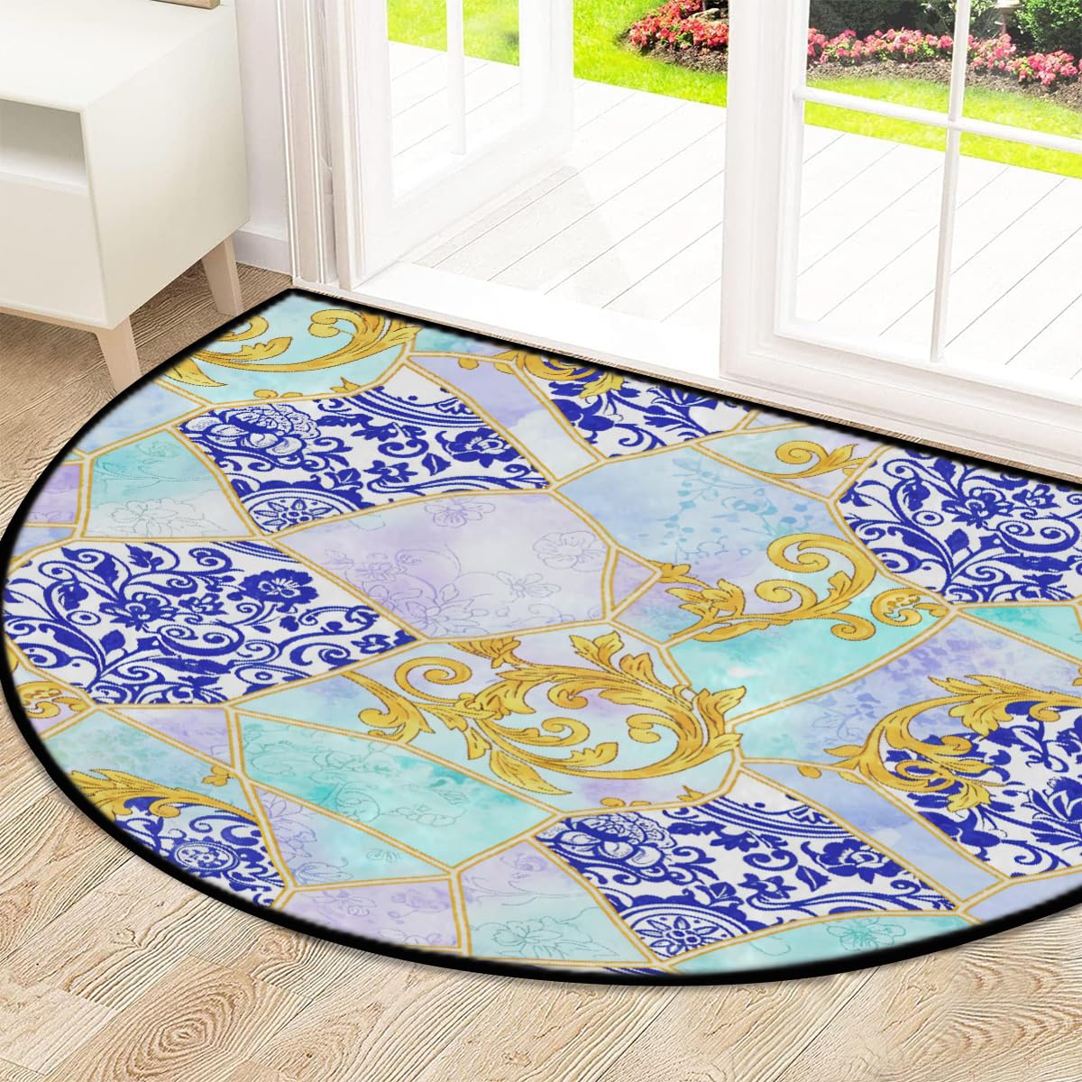 Kintsugi große halbrunde Fußmatte – blau-weißes Porzellan, waschbar, rutschfest, halbrund, Eingangsbereich, Teppich, niedlich, weich, halbrund, saugfähig, Teppich für Küche, Badezimmer