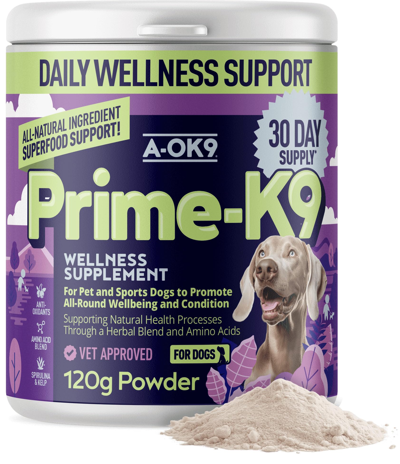 Prime-K9 Wellness Supplement for Dogs - Pot of 120g Powder - Promotes All-Round Wellbeing & Condition - Natural Ingredients - Vitamins for Dogs - All Ages & Breeds