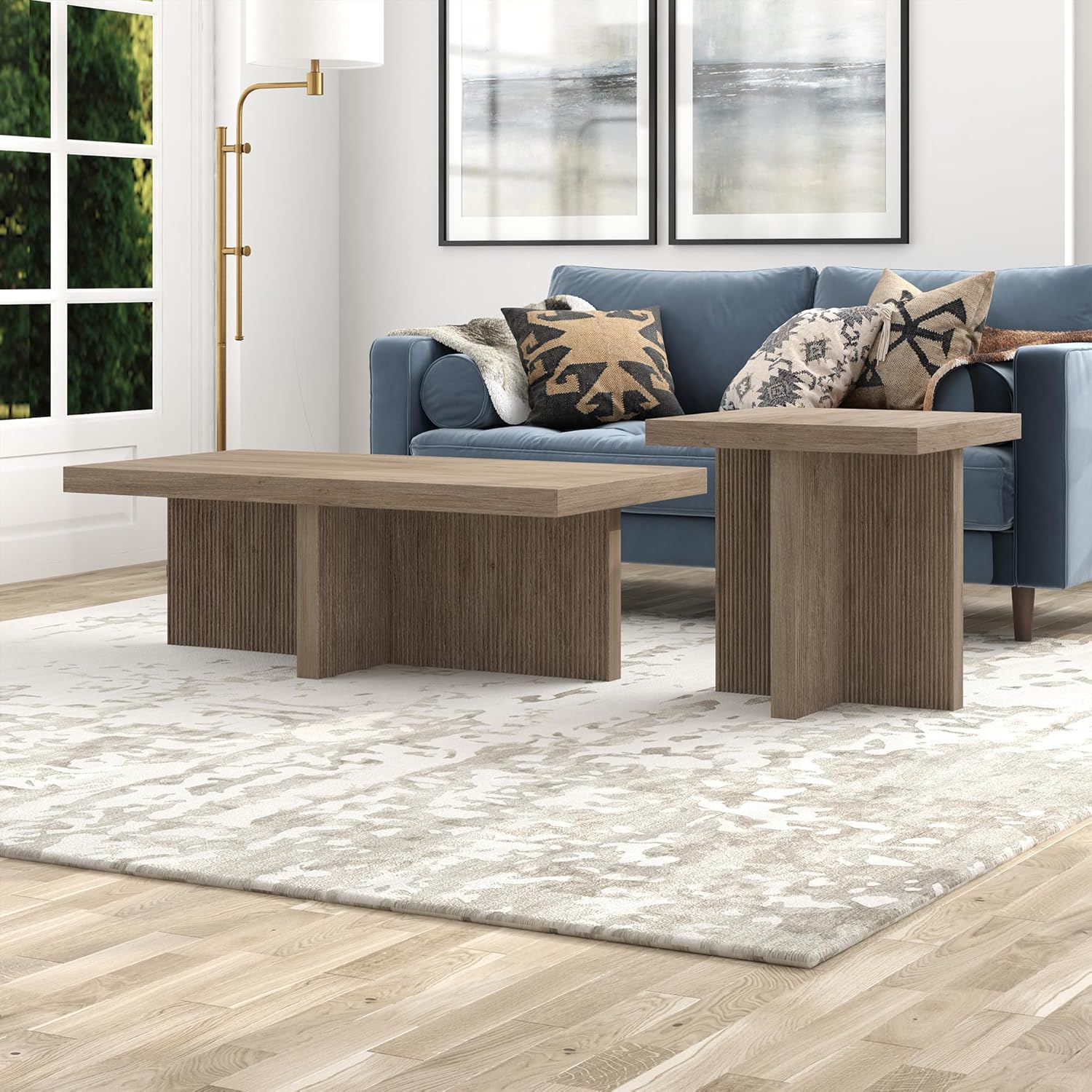 Henn&Hart 22" Fluted Scandinavian Square Wooden End Table, Ribbed Side Table, Nightstand for Living Room, Office, Family Room, or Bedroom, Weathered Gray