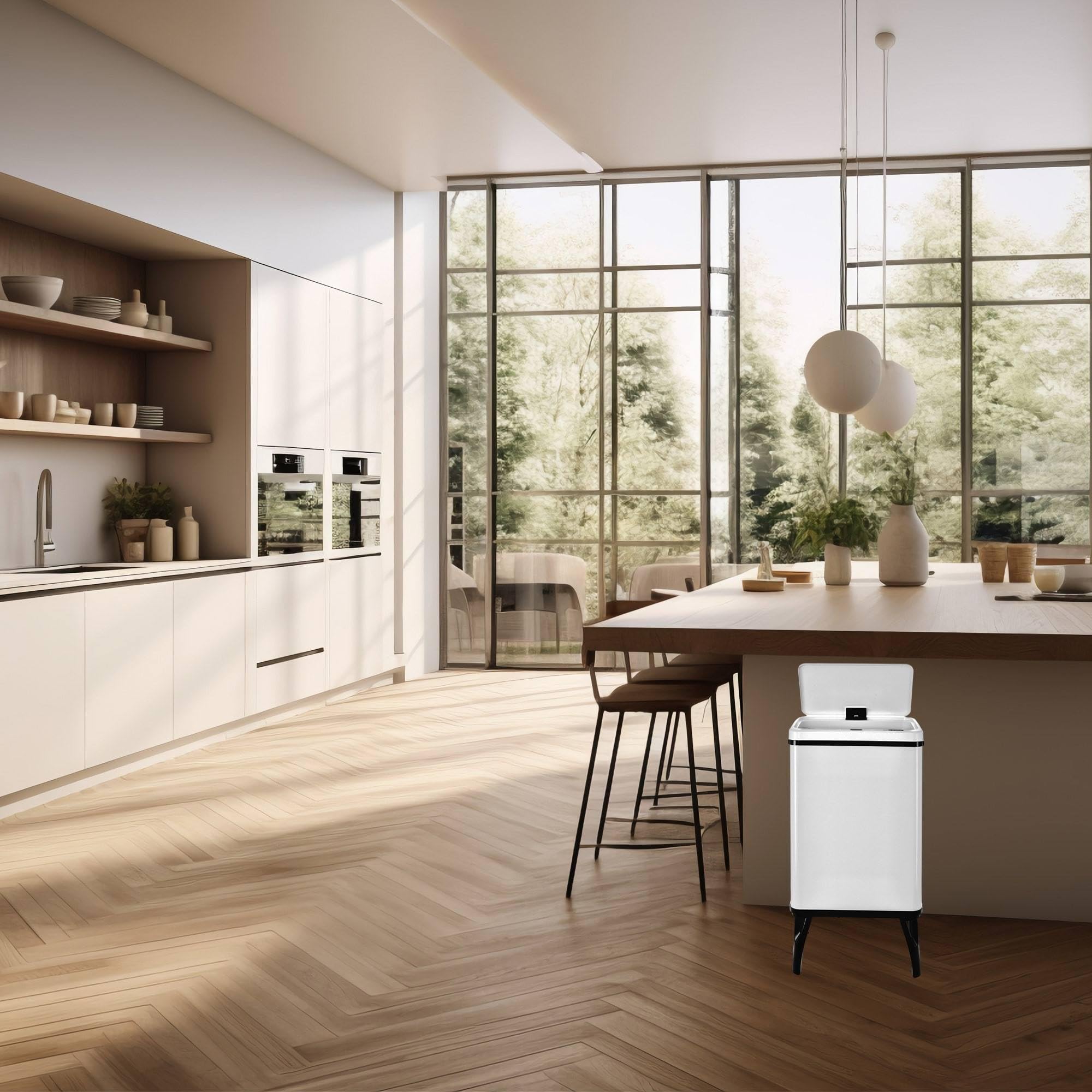 Well Home Poubelle intelligente pour recyclage avec ouverture automatique et contact manuel 15 l + 15 l 35,5 x 26 x 60 cm Blanc