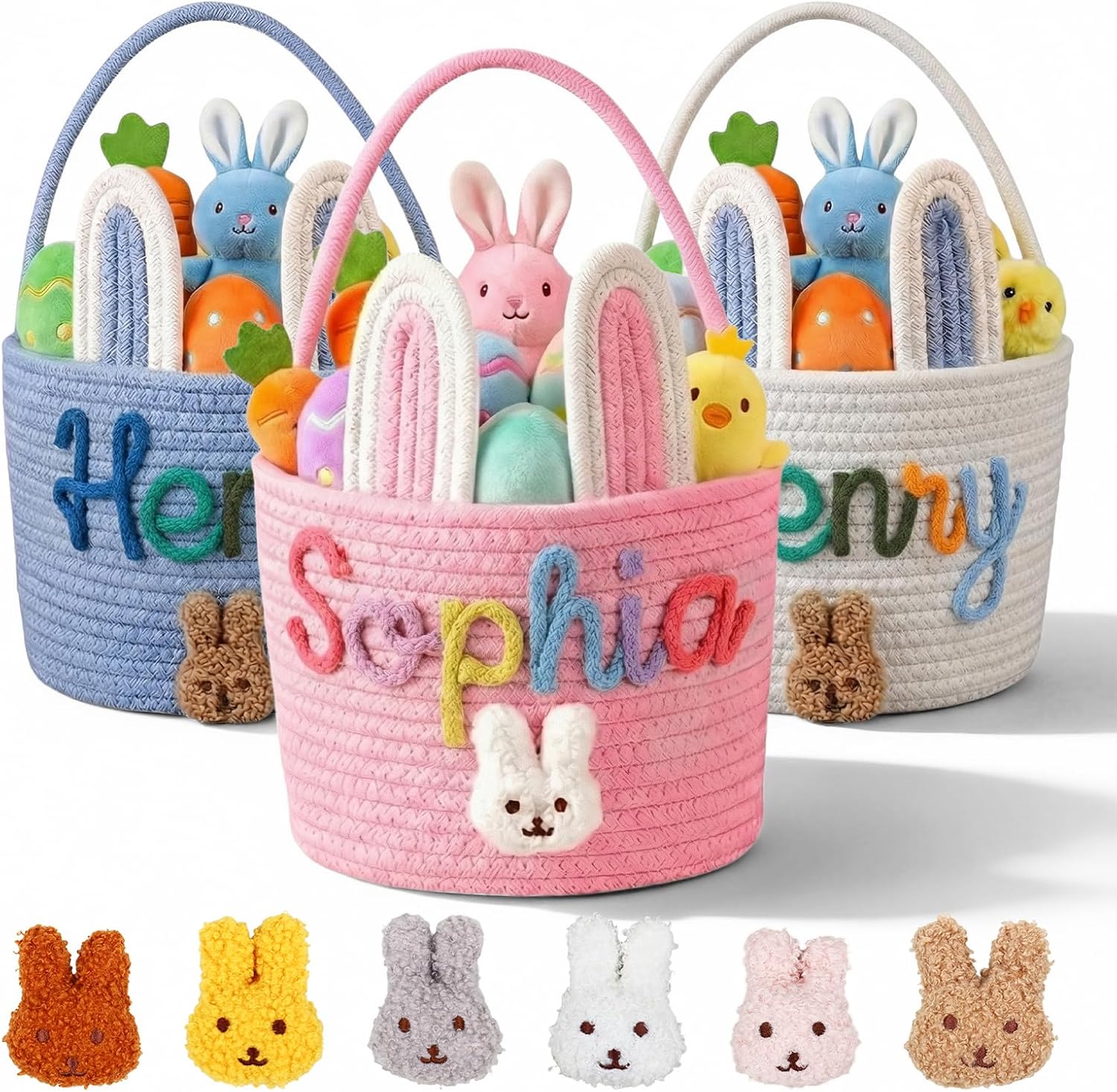 Personalized Easter Baskets for Boys & Girls, Cute Bunny Custom Easter Basket for Girls with Embroidered Name Woven Cotton Rope Tote Kids’ Easter Gifts for Egg Hunts