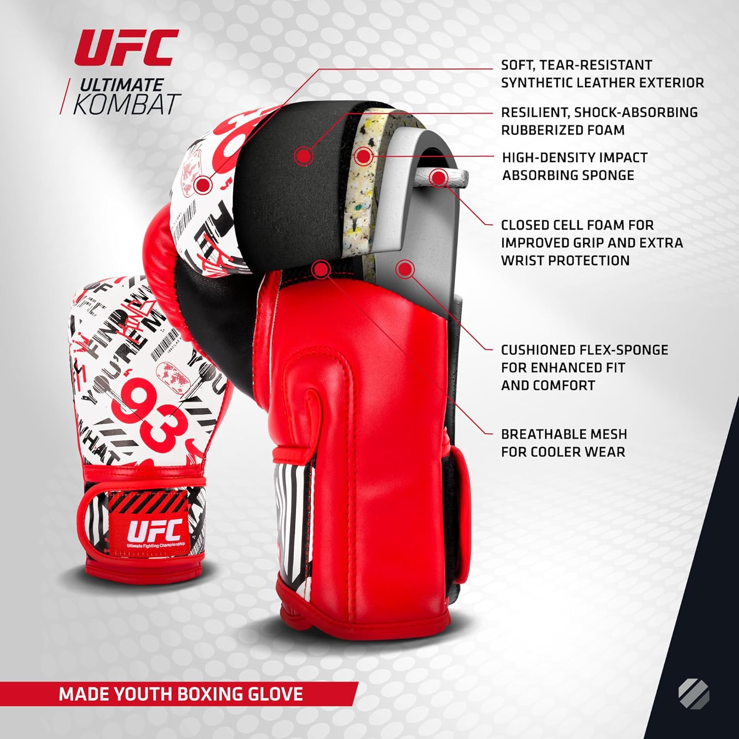 UFC Made Youth Boxing Gloves - Optimal Protection, Youth-Centric Fit, Durable Craftsmanship, MMA, Kickboxing, Muay Thai, Sparring, Heavy Bag Gloves, Mitts, Focus Pad, Workout, Kids