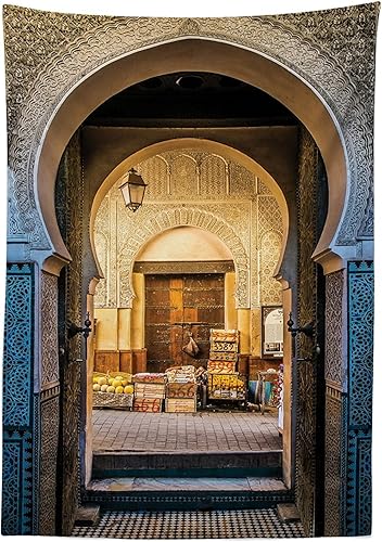 Miniatura 2 de Ambesonne Mantel marroquí, típico marroquí de puerta a la antigua medina mediterránea, arco histórico mediterráneo, mantel rectangular para Azul