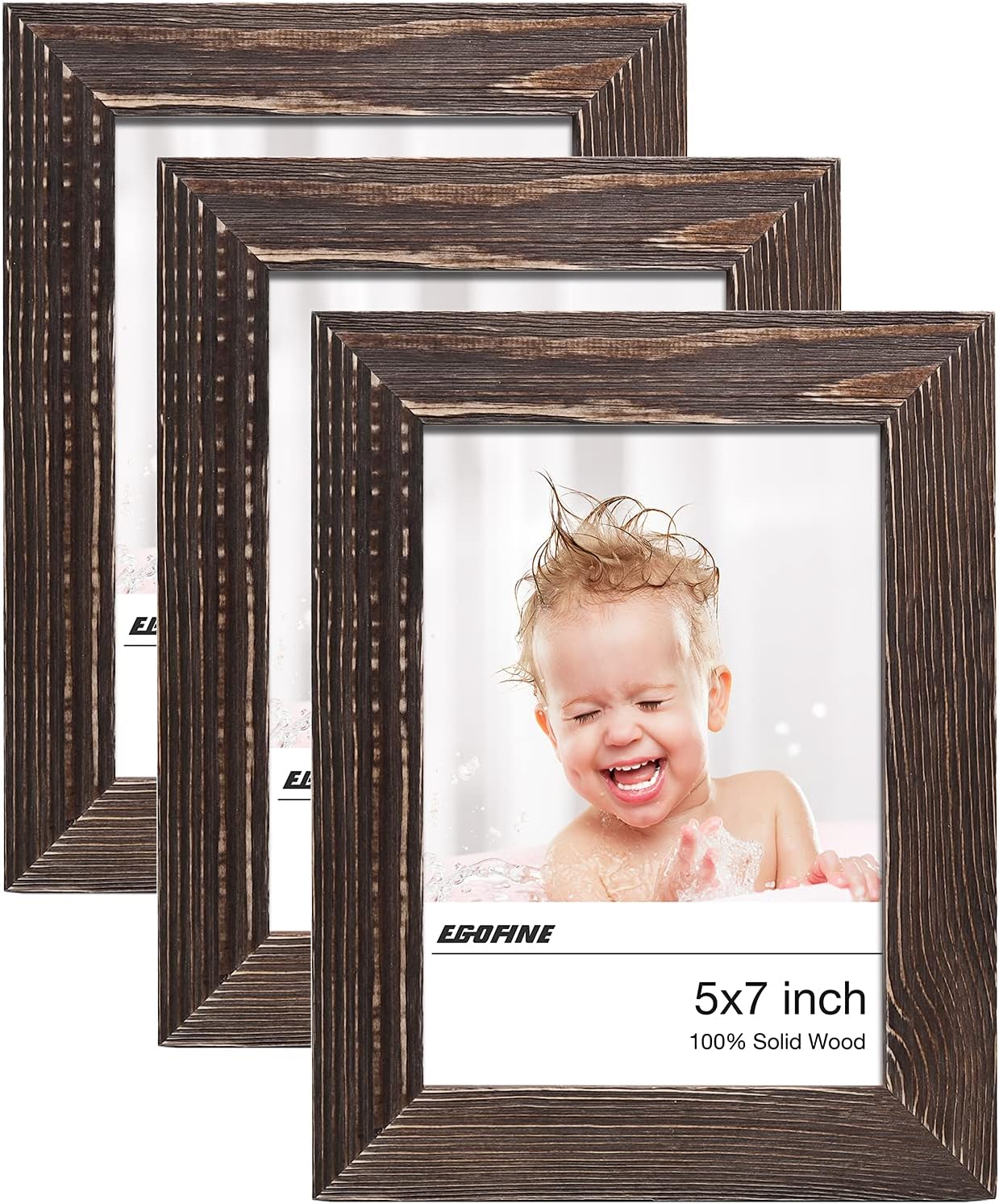 Egofine 5x7 Wood Picture Frame, Brown Photo Frame with Polished Glass, Distressed Rustic Photo Frames, Set of 3