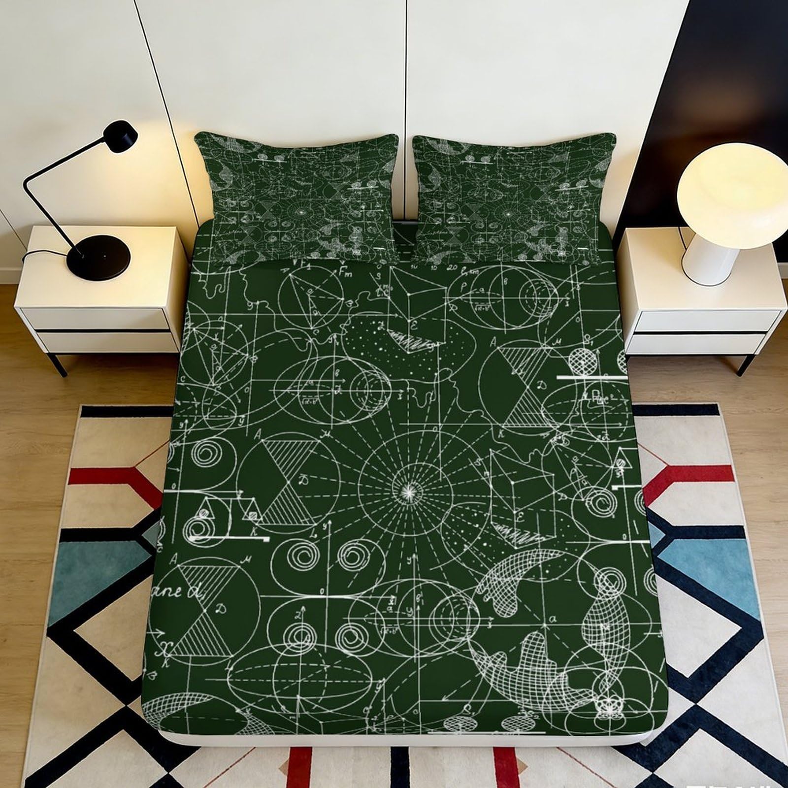 3D Printed Green Chalkboard Math Fitted Sheet Microfiber Soft Geometric Formula Bed Sheet for Bedroom Decor 90x200x25cm