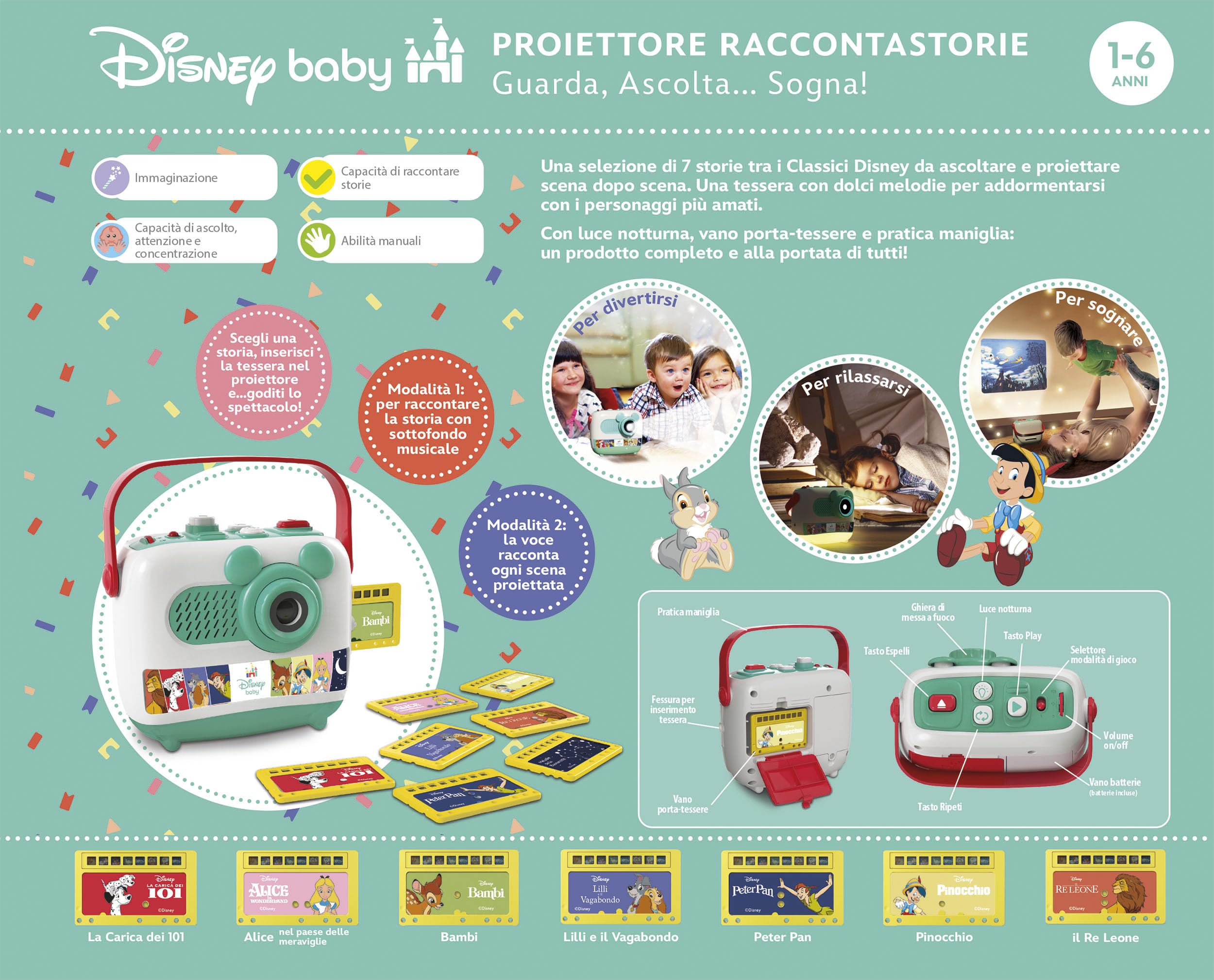 Clementoni Disney Baby Proiettore Raccontastorie, Storyteller per Bambini 1-6 Anni, con 8 Diapositive dei Grandi Classici, Gioco Elettronico, Non Compatibile con Le Ricariche, in Italiano, 17819