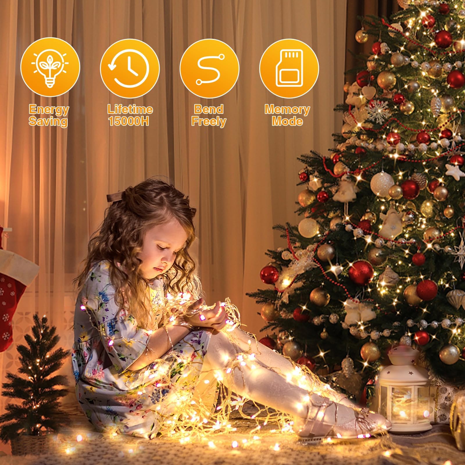 Luci Albero di Natale 1000LEDs 100M,GlobaLink Esterno IP44 Impermeabile,8 Modalità, Funzione Memoria, Catena Luminosa, Decorazione Natalizia Casa Giardino Matrimonio Feste