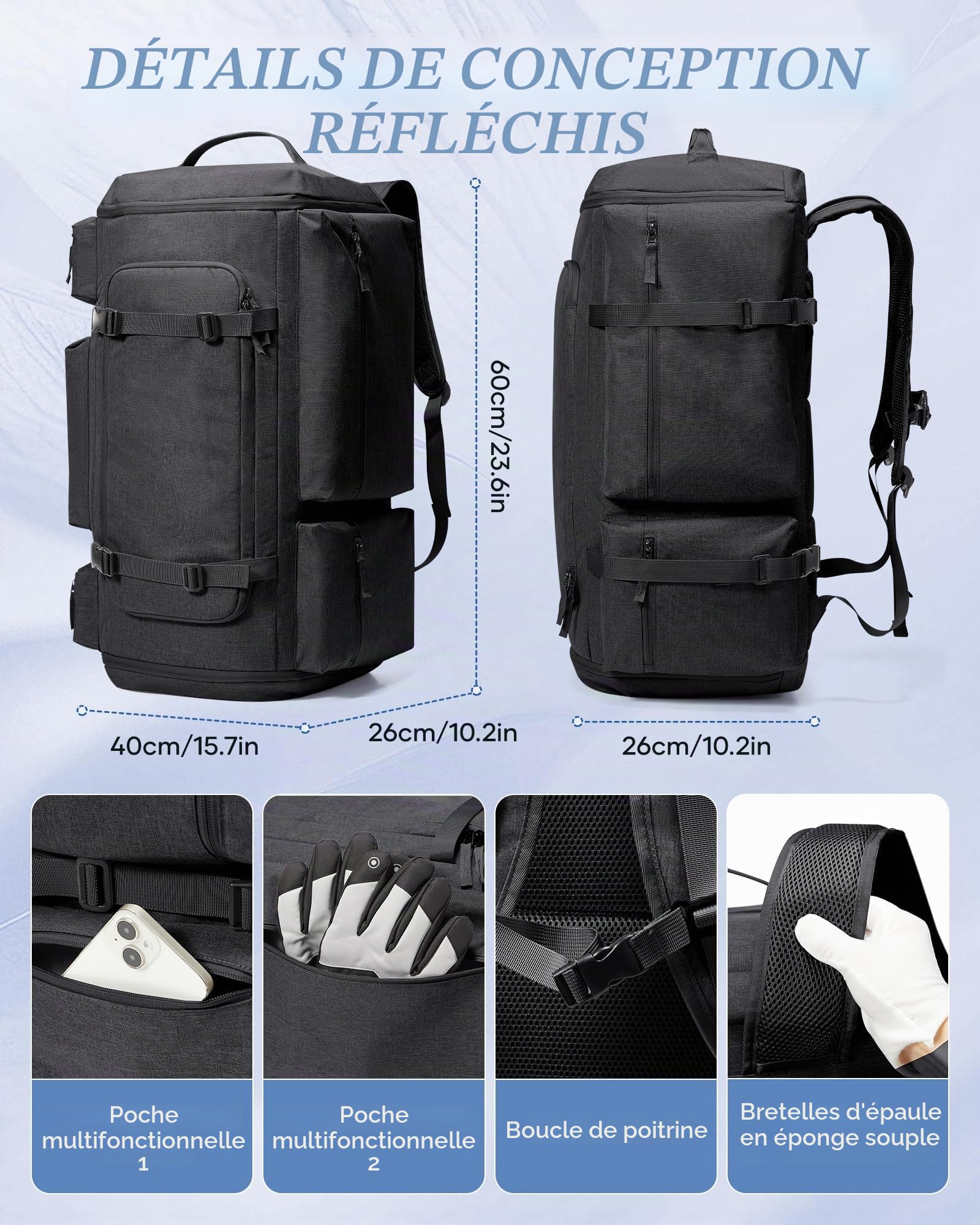Sac à Dos Ski avec Poche pour Chaussure de Ski Homme et Casque de Ski Rangement pour Ski et Accessoires 70L Grand Volume étanche Compression Vacuum pour la Course de Ski Noir