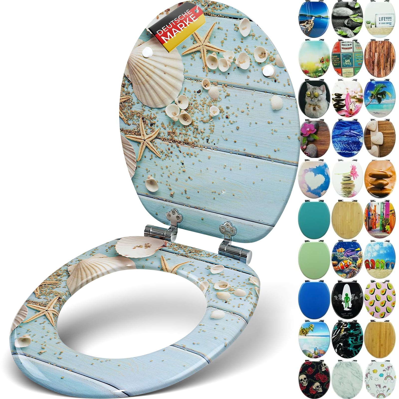 SANFINO® Premium WC Sitz mit Absenkautomatik – hochwertige Toilettendeckel aus Holz, viele bunte Motive, hoher Sitzkomfort, einfache Montage inklusive Montageanleitung – "Caribbean Blue"