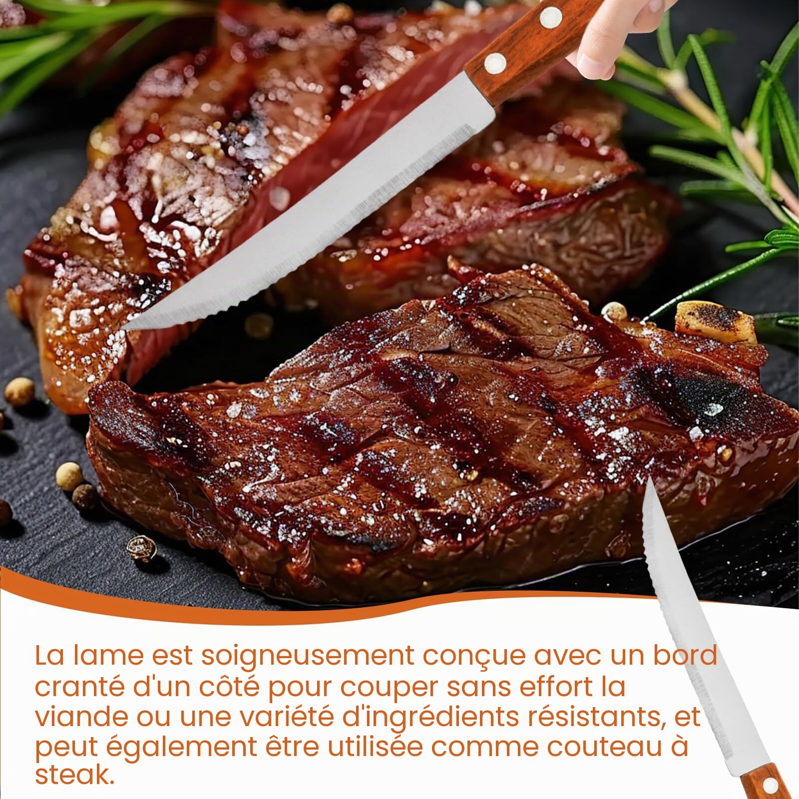 BAIFULAI Lot de 24 couverts pour steak, en acier inoxydable, avec manche en bois, set de couteaux et fourchettes à steak, pour 12 personnes