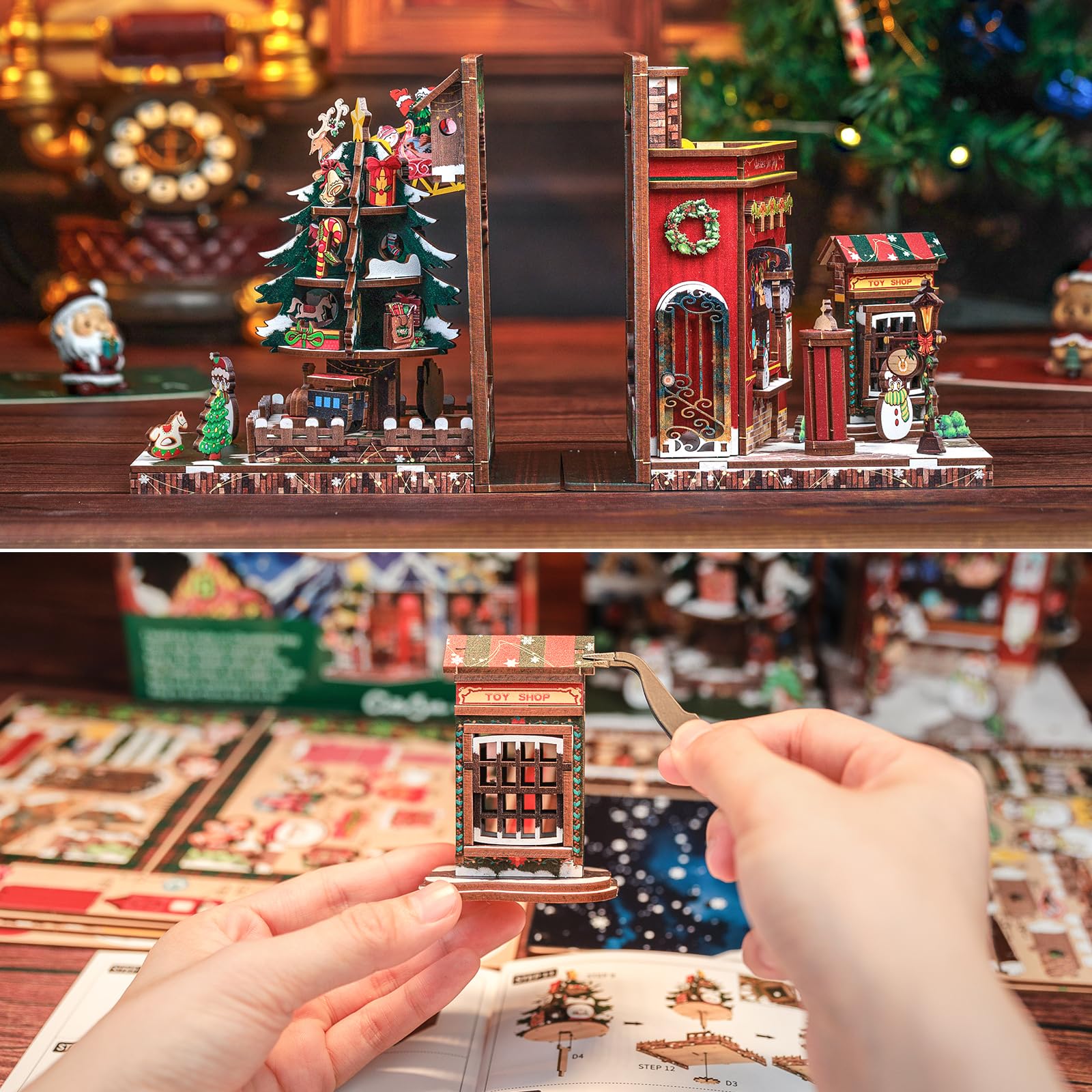 CUTEBEE Book Nook - Set di 2 fermalibri natalizi fai da te, in miniatura, per libreria, decorazione Diorama, per adulti, da costruire