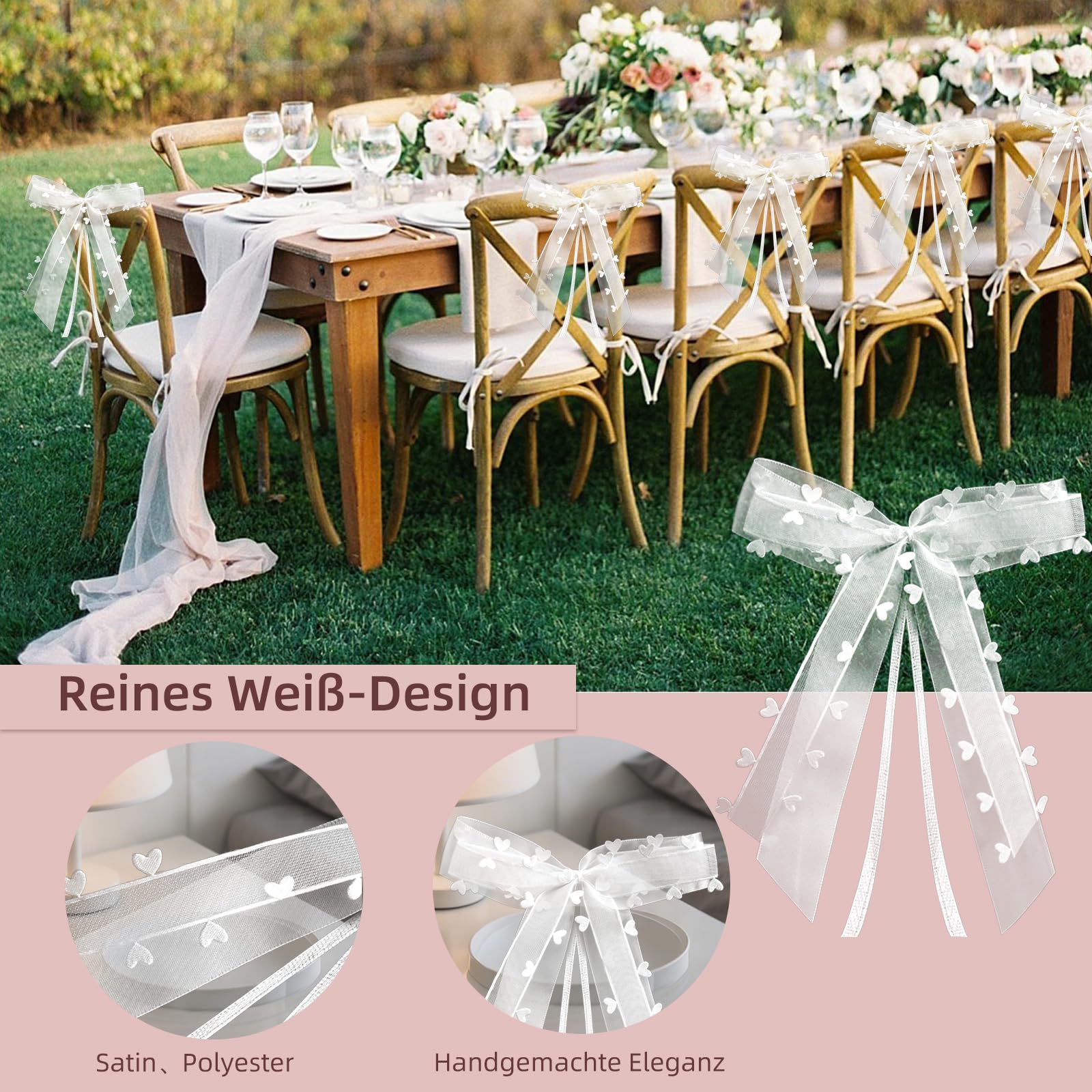 Lazos Blancos para Antena de Boda con Corazones de Organza y Cinta de Satén, Decoración de Coche Hecha a Mano, Elegantes Lazos de Boda Reutilizables