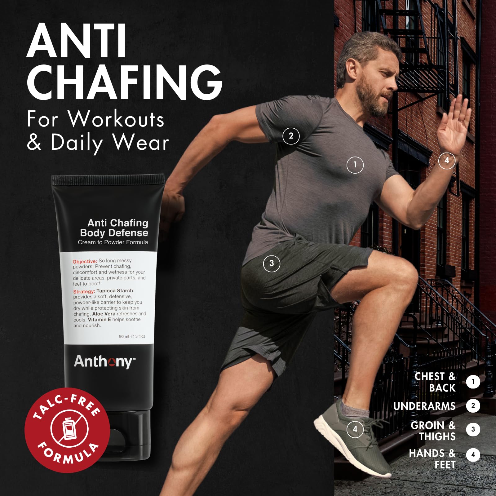 Anthony Defensa corporal antirozaduras para hombres, loción de crema a polvo sin talco para protección del sudor, control de humedad y defensa de la fricción, comodidad durante todo el día, 16 onzas