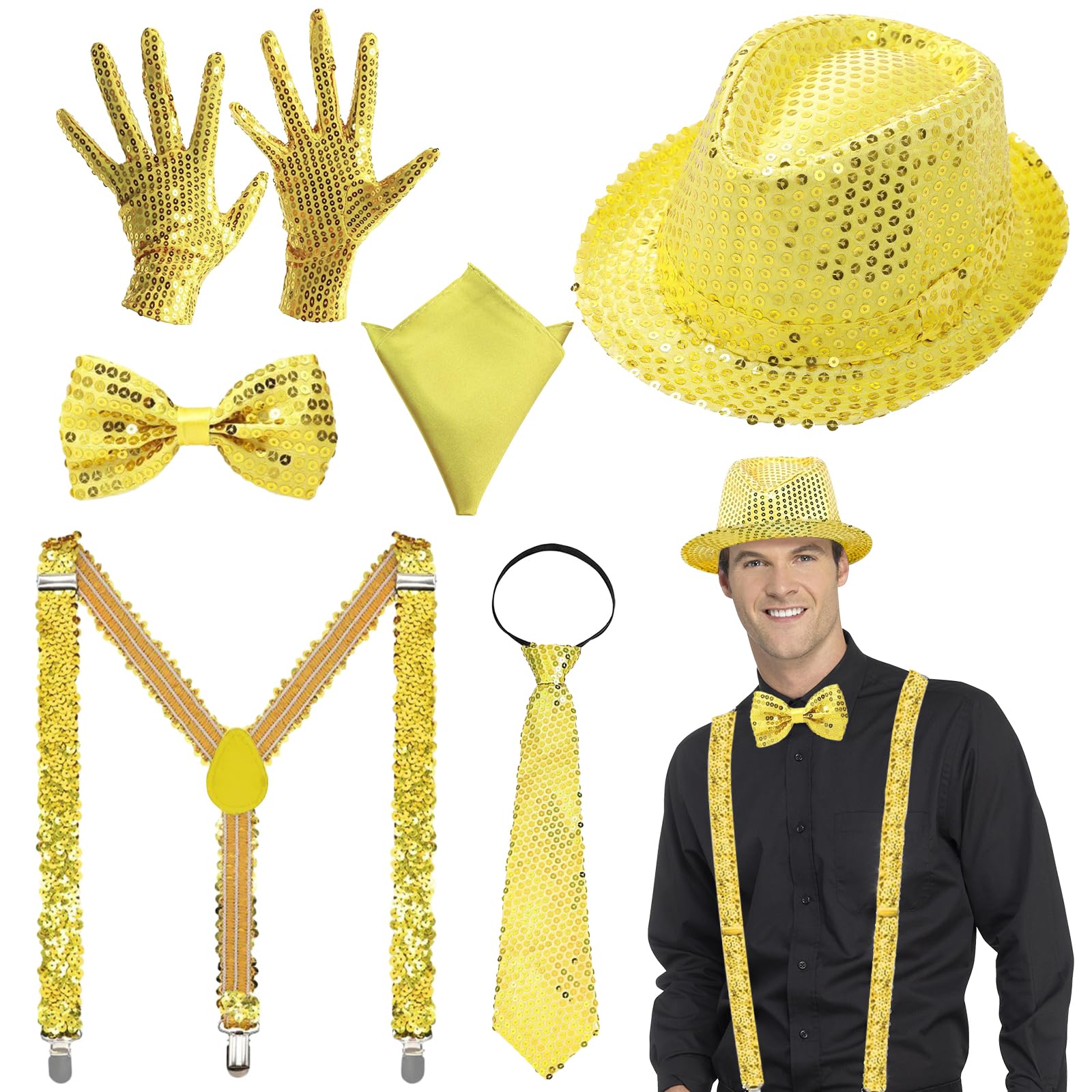 6 Pcs Men's Jazz Costume Accessories Set, Sequins Dance Hat Glitter Fancy Dress Kit with Shinny Disco Hat Suspenders Bow Tie Necktie Gloves Pocket Square for 60s 70s 80s Party Stage Show Carnival