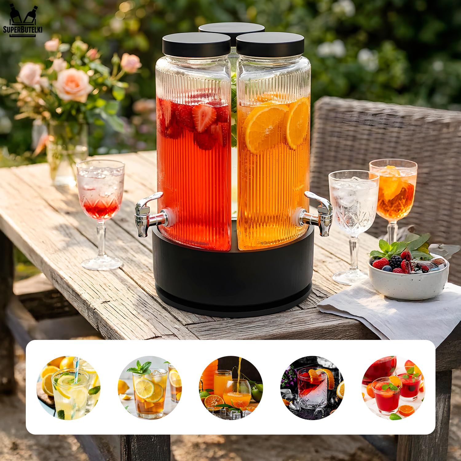 Juego de 3 dispensadores de bebidas de 3,35 L con soporte de metal y grifo (3 x 3,5 L, grifo de acero negro)