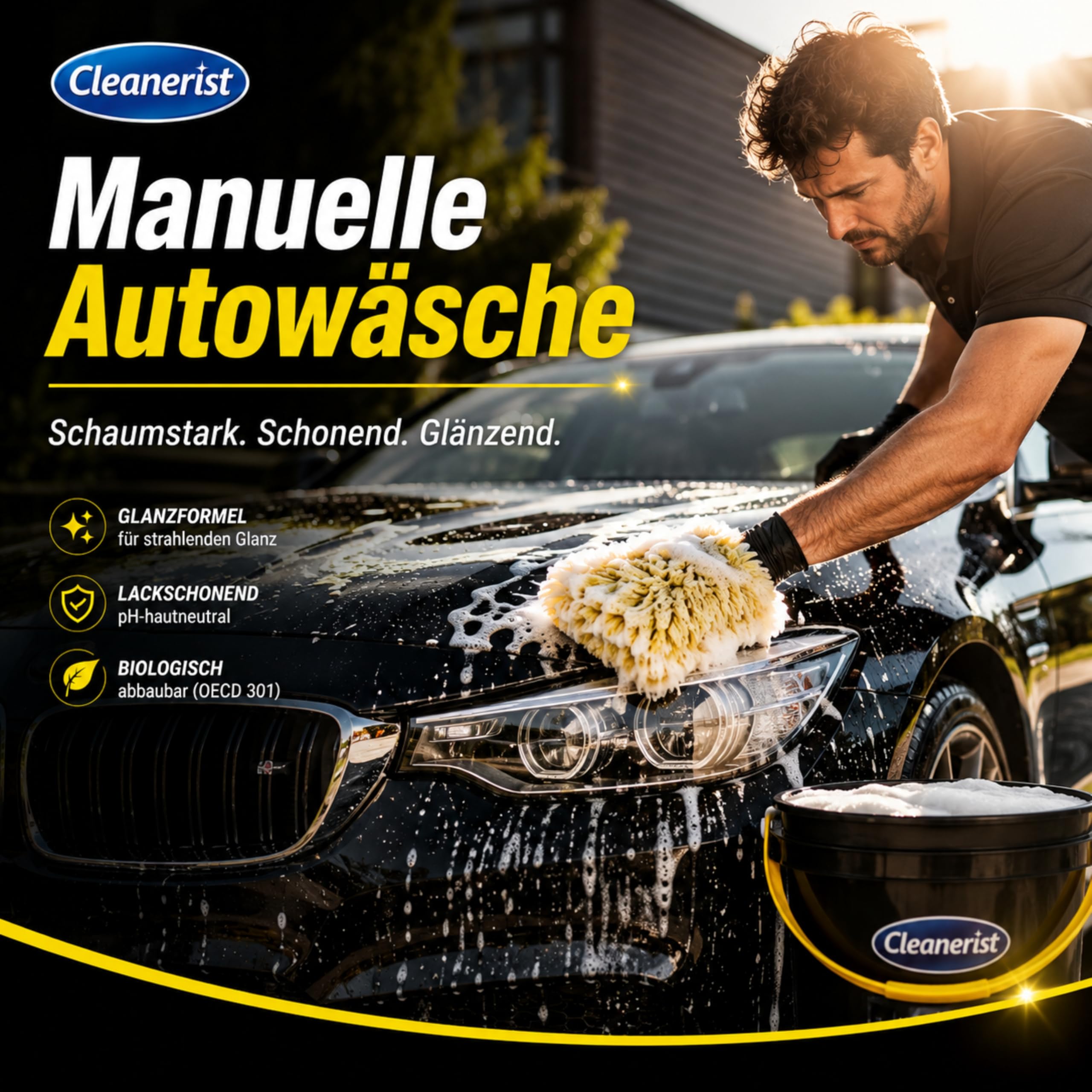 Cleanerist | 5L Autoshampoo Konzentrat für Glanz, manuelle Autowäsche & SB-Waschbox, pH-hautneutraler Autoreiniger für Lack, Hochdruckreiniger, PKW & LKW, gelbes Shampoo