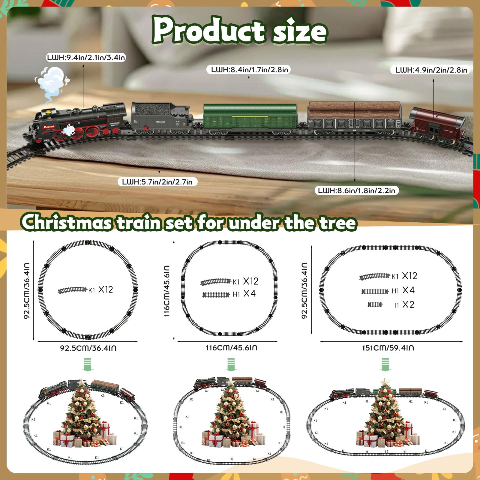 Set Treno Elettrico Telecomandato Natalizio con 3 Uscite di Fumo, Luci e Suoni, Locomotiva e Vagoni su Binari, Telecomando, Decorazione sotto l’Albero di Natale, Regalo per Bambini dai 3 Anni in su
