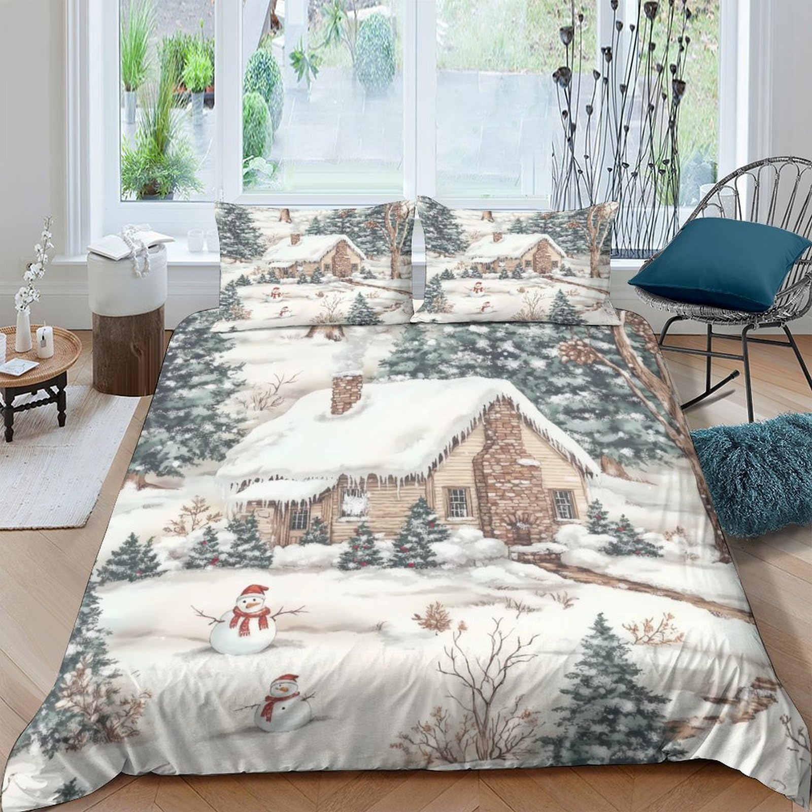Ctjqhvkz Style-5 3D Printed Winter Cottage Fitted Sheet Microfiber Soft Snow Landscape Bed Cover For Bedroom Guest Room Decor Single（135X200cm）