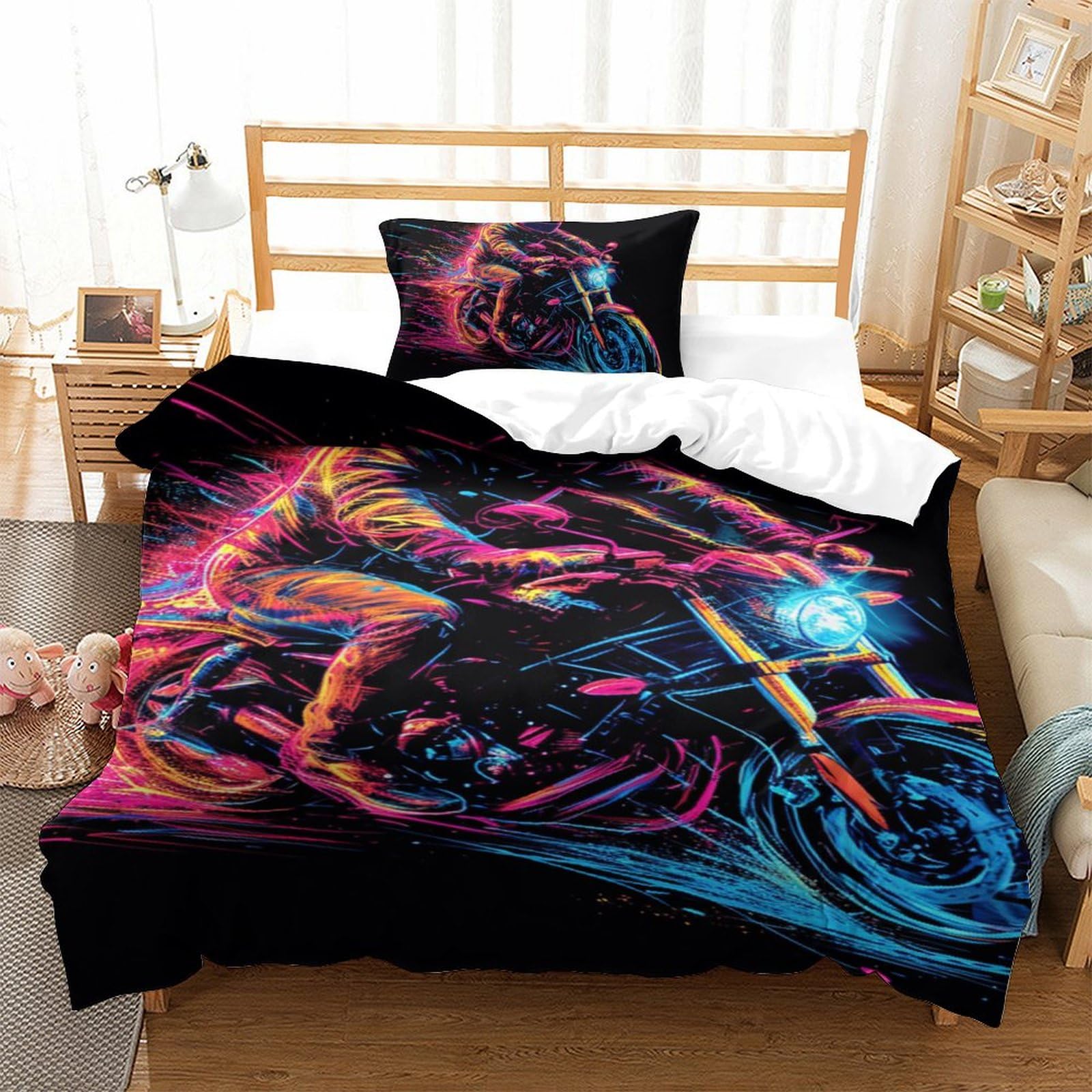 Housse de couette moto 3D en microfibre 135x200 cm avec 2 taies d'oreiller pour lit single