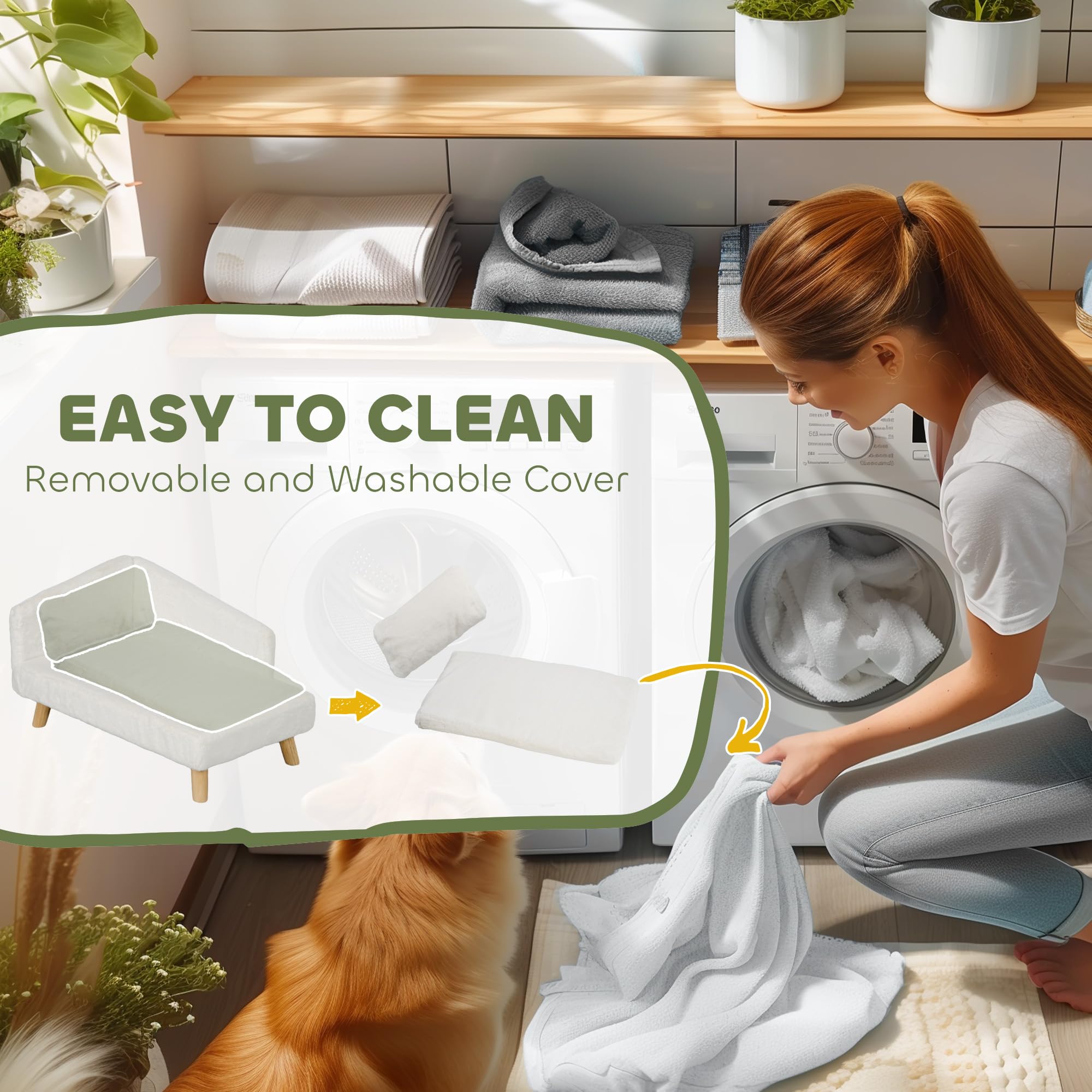 PawHut Sofá para perros, cama para gatos, con cojín suave, almohada, fundas extraíbles y lavables, felpa, 70W x 42.5D x 38.5H cm, crema