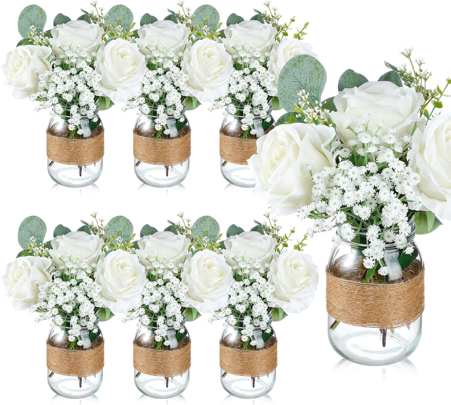 43 Pcs/ 6 Set Rose Mason Jar Table Centerpiece Mason Jar Vases Faux Floral with Rope Boho Rustic Flower Table Decoration for Reception Engagement Party Bridal Shower Wedding