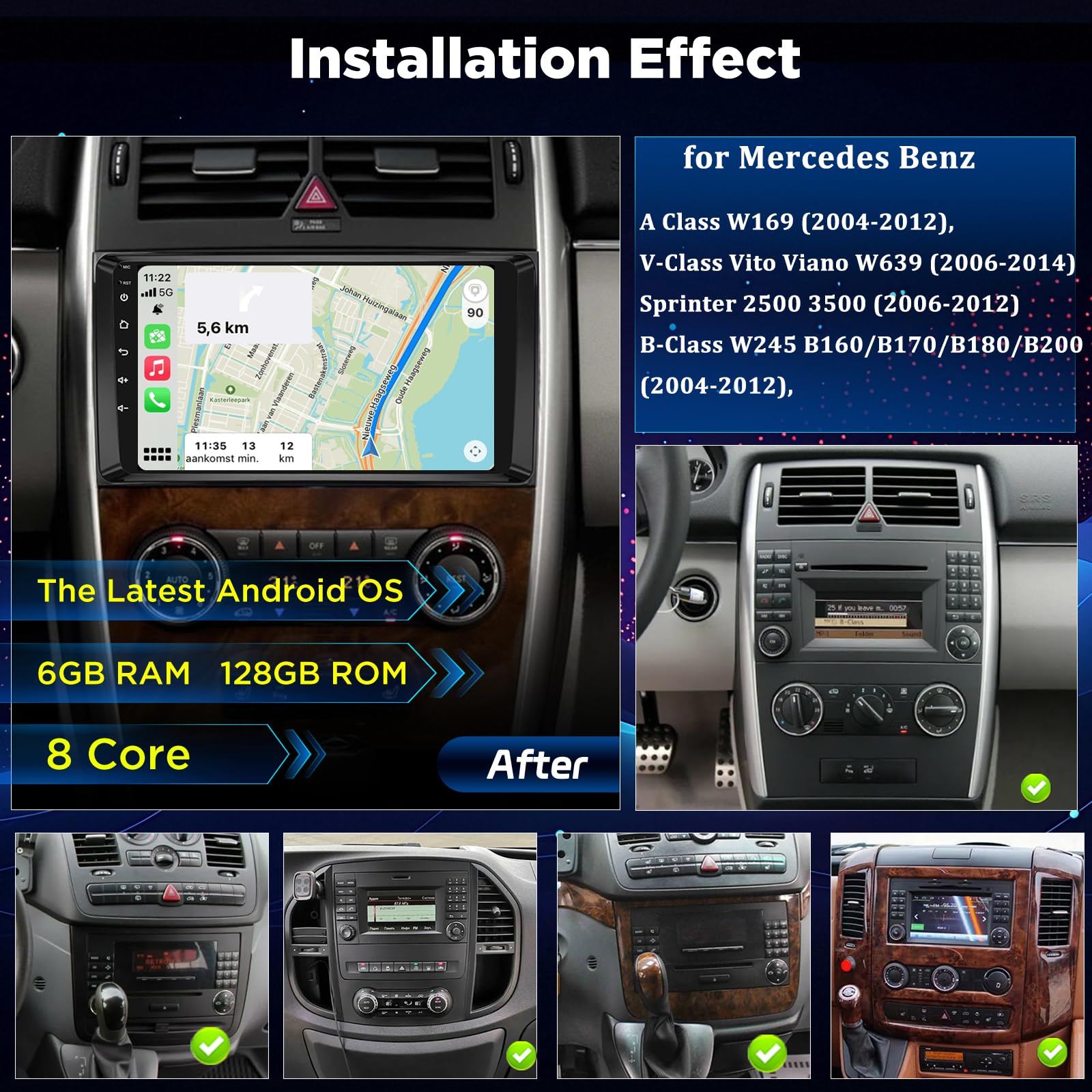 8 núcleos 6+128GB Radio Android con Pantalla táctil para Mercedes Benz A/B/V Clase & Sprinter, Wireless CarPlay Android Auto, GPS WiFi, DSP, Plug & Play Autoradio + Cámara de reversa
