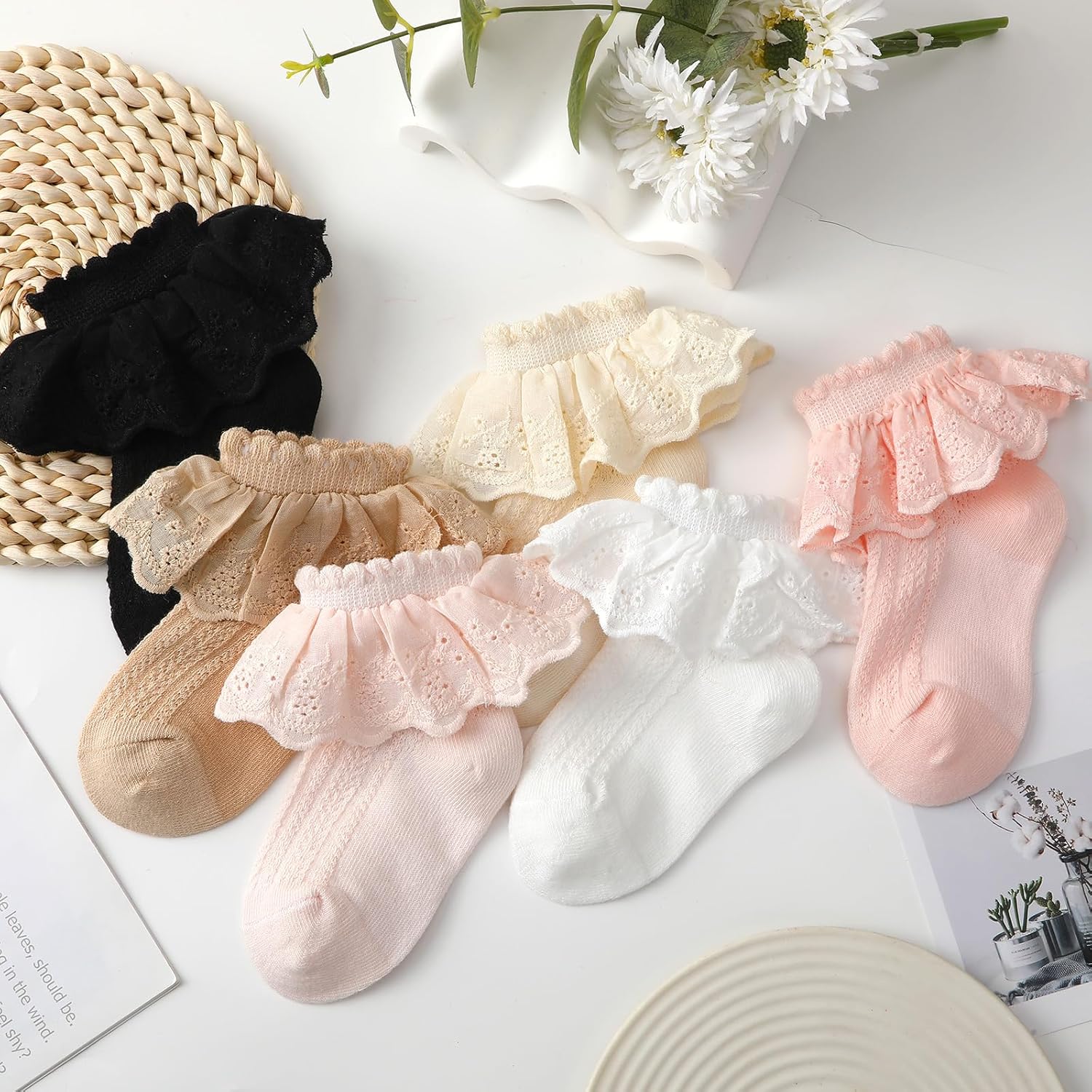 Jansun 6 Pairs Toddler Girls Ruffle Socks Toddler Lace Sock Baby Girl Lace Ruffle Socks Cotton Socks - Image 6