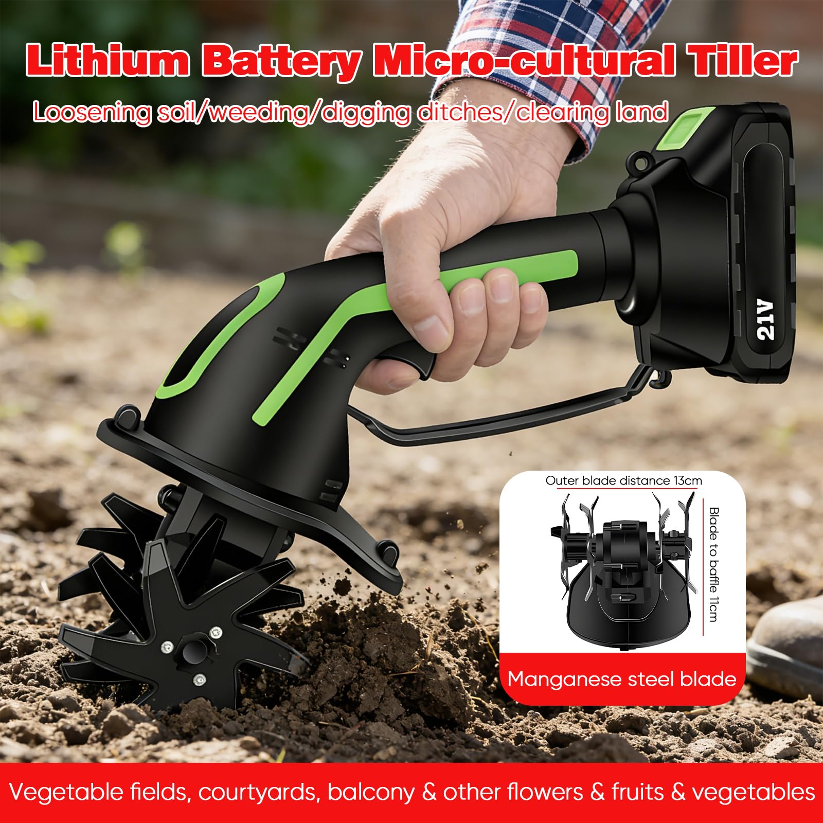 Motocoltivatore elettrico senza fili, mini motocoltivatore portatile con batteria 21 V, acciaio al Manganese, larghezza e profondità di 10 cm, per giardino, orto, diserbo (2 batterie) - 4