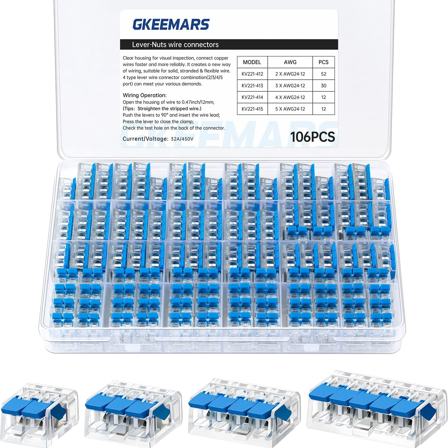 GKEEMARS 106 Pcs Lever Connectors, Compact Splicing Connector Kit for Electrical Wires Solid Stranded Flexible Wires (Blue)