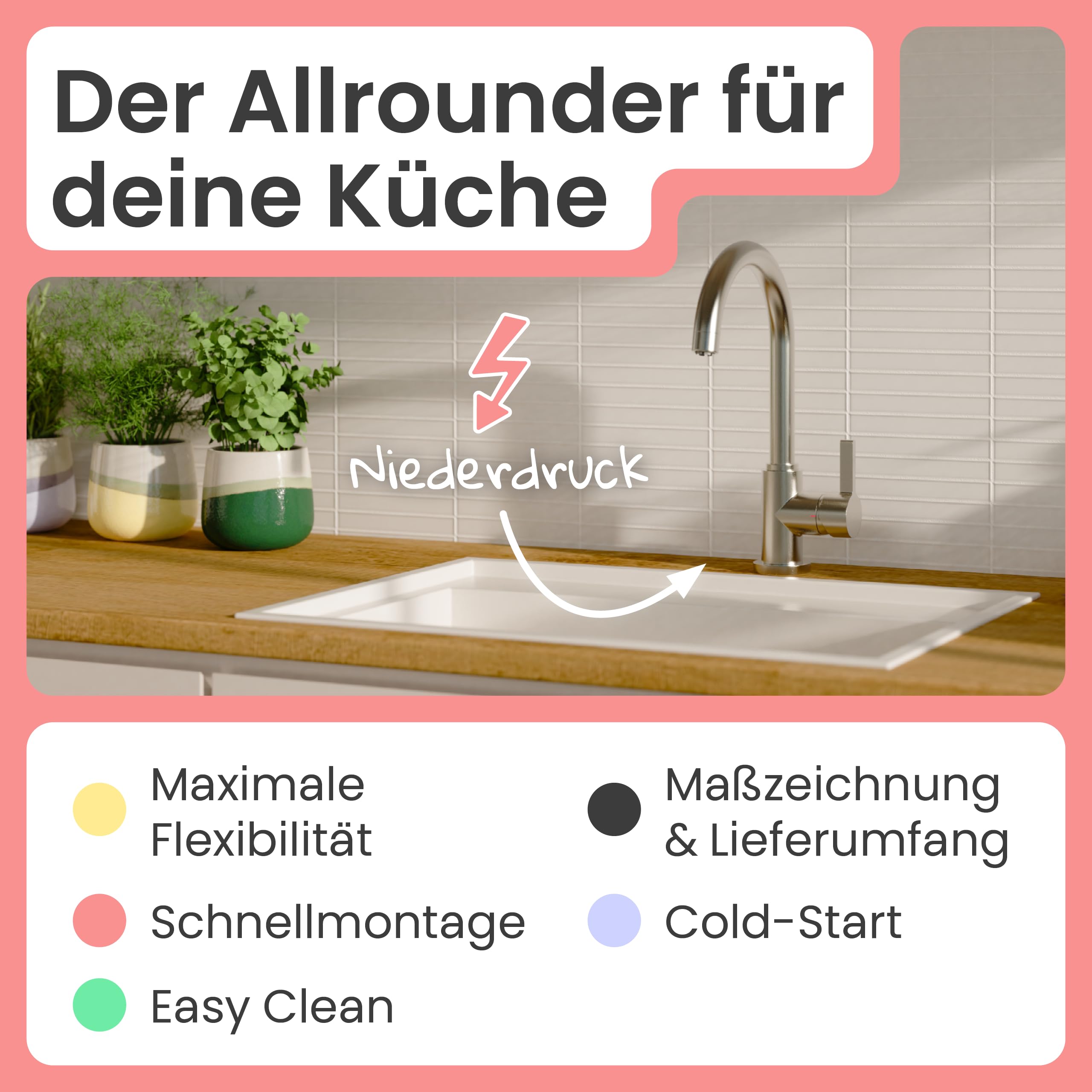 instmaier Leona | Niederdruck Küchenarmatur 360° schwenkbar | Edelstahl | Wasserhahn Küche | Spültischarmatur mit hohem Auslauf | Armatur Spüle | Einhebelmischer | Mischbatterie