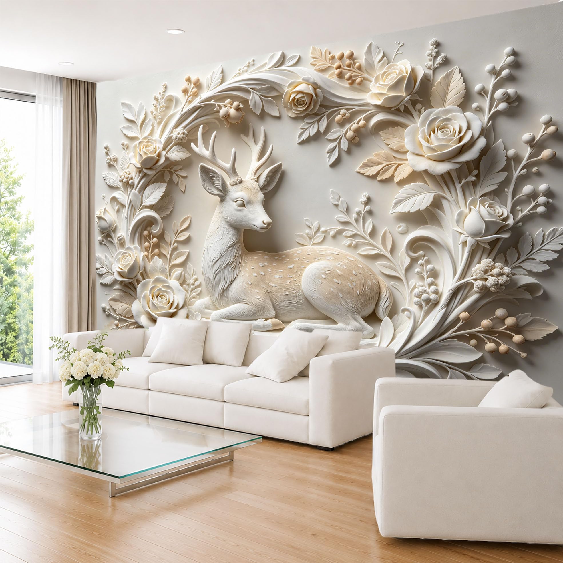 Carta Da Parati Fotografica Premium In Tessuto Non Tessuto con Cervo Maculato A Riposo E Rose 210×150 cm (Lxa) Decorazione Murale Panoramica Ed Elegante con Tema Boschivo E Natura Ideale per Divano