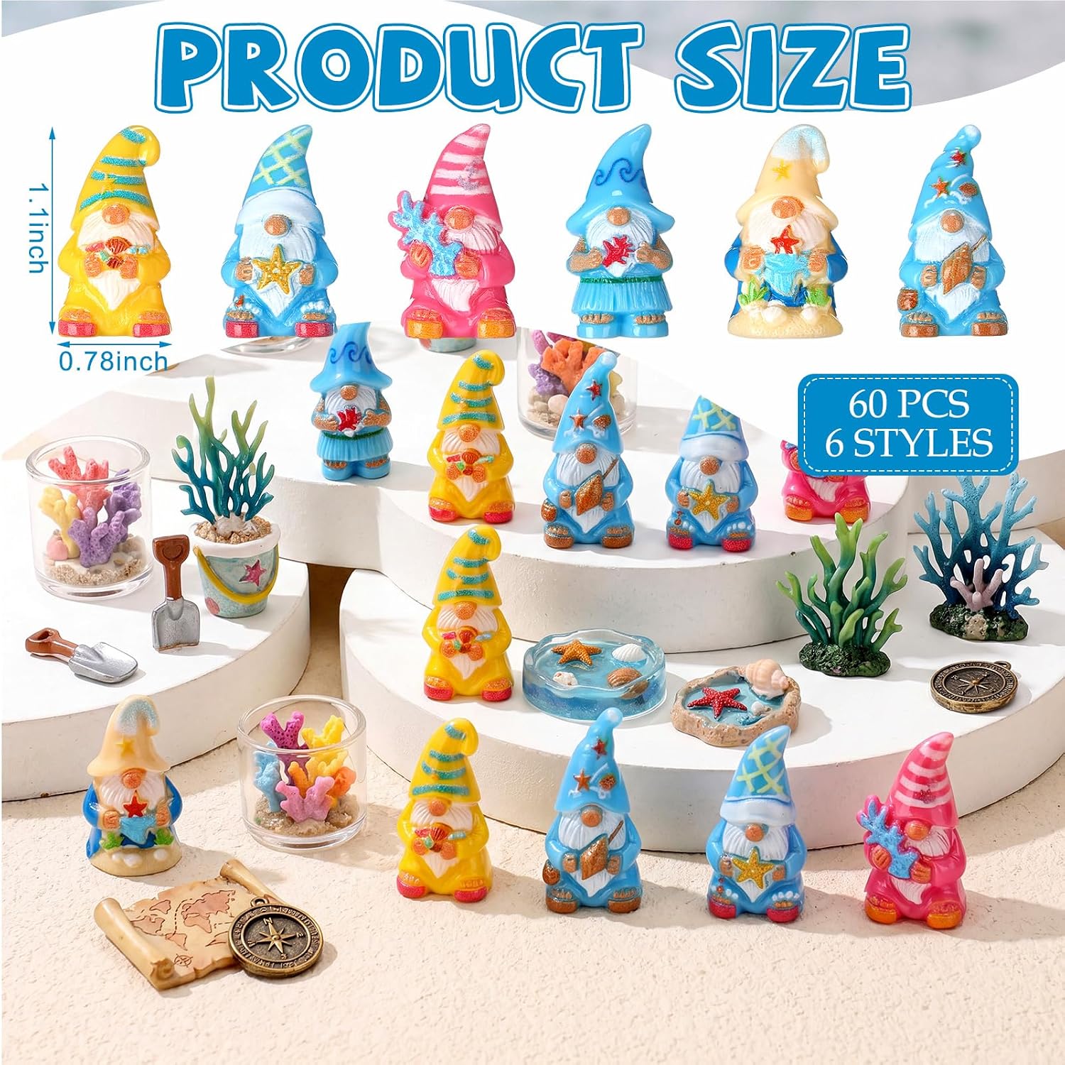 Yaomiao 60 Pcs Mini Summer Ocean Gnomes Figurines Summer Starfish Coral Shell Miniature Tiny Resin Statues Gnomes Figures Resin Gnome Decorations for Beach Hawaiian Party Favor Gift Tiered Tray Decor image 2