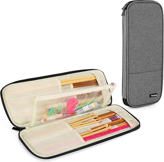 Teamoy Knitting Needles Case, Knitting Needles Storage Bag for Knitting Needles(up to 14" /35.5cm), Organiser Case for Tunisian Crochet Hooks with Transparent Accessories Pocket, Grey(Bag Only)