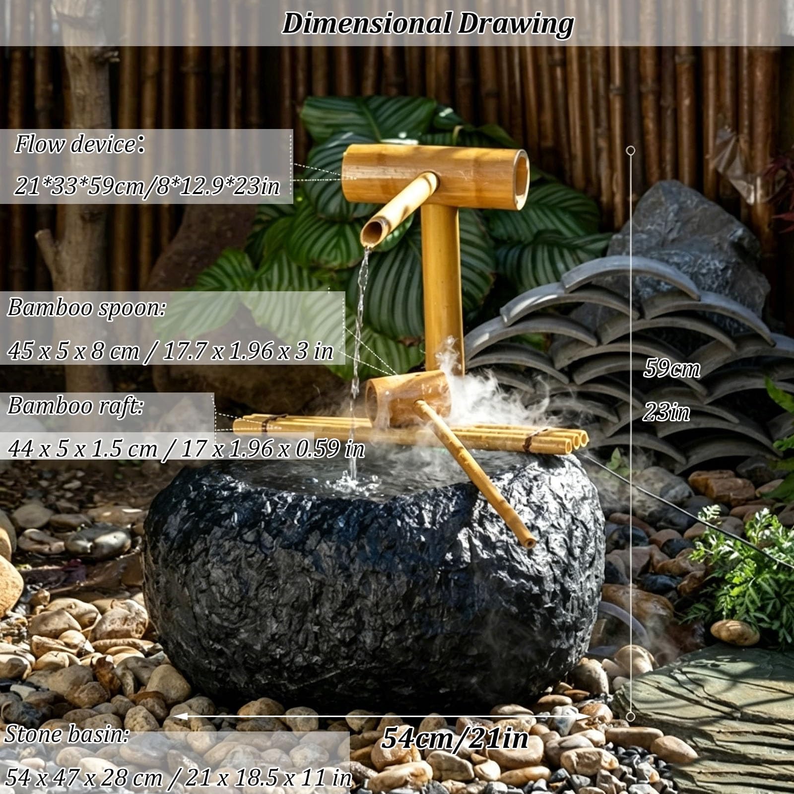 Fuente de Agua Solar para Exteriores con diseño de Roca y bambú: decoración de Cascada para jardín, Patio, terraza y hogar