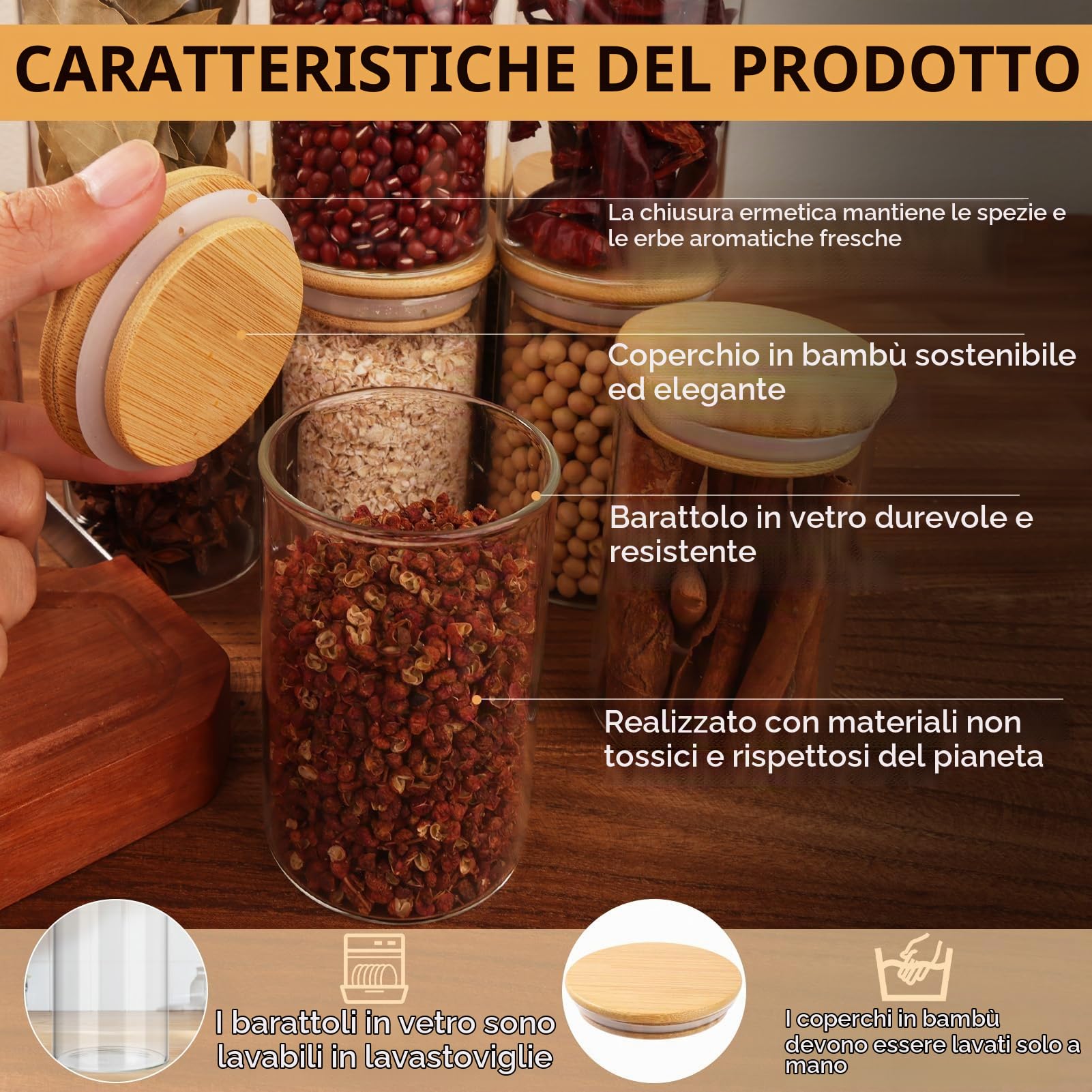 Cinnani Set da 12 Barattoli Spezie Vetro, 200ml Barattolini porta Spezie Vetro con Coperchi in Bambù, Barattoli Spezie per Cucina Ermetici, Trasparente Vasetti Spezie con Etichette