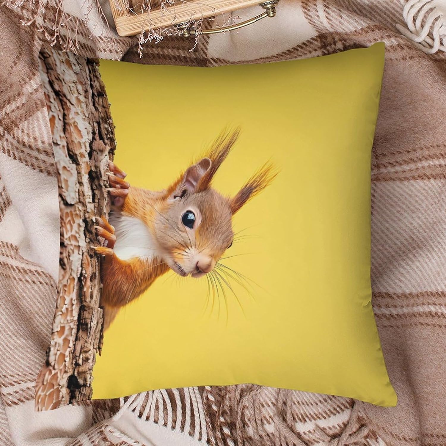 Cute Red Squirrel Peeking from Tree Printed Throw Pillow Case 4 Pcs Soft Pillowcases Pillows Covers Sofa Bed Decor 12/14/16/17/18/20/22/24/32 Inches