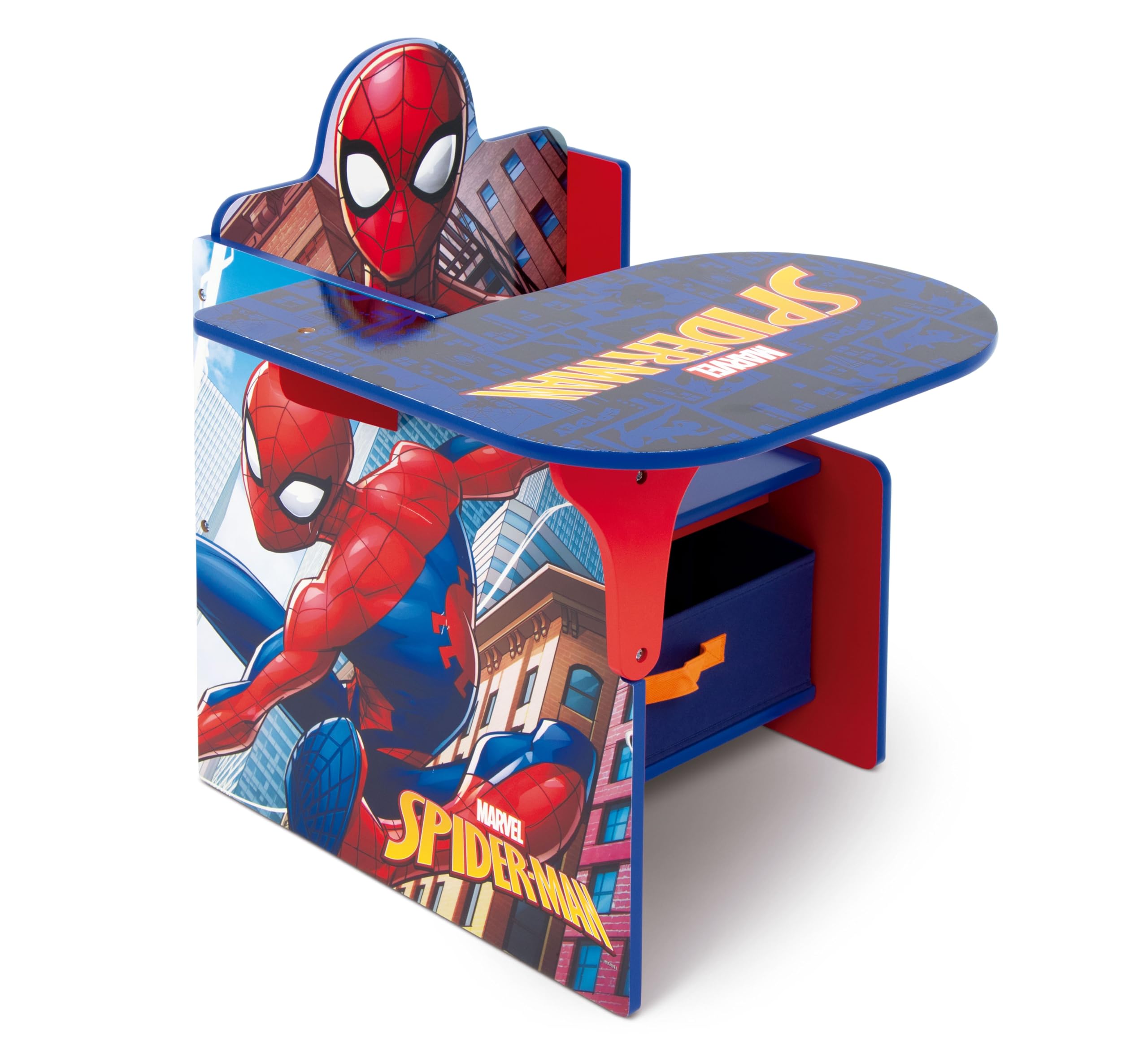 ARDITEX - Silla-Pupitre Infantil de Madera con contenedor Textil de Spiderman de Marvel - 62x30x60cm - Color Azul - Ideal para Manualidades, estudiar o Jugar.
