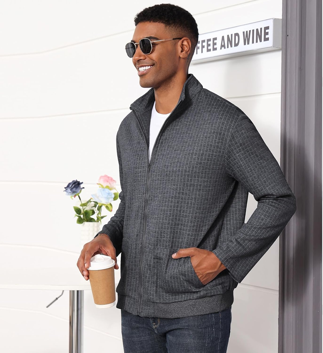 Oymyakon Men's Lightweight Varsity Jacket Spring Casual Stylish Bomber Jacket Waffle Zip Up Coat with Pockets - Image 3